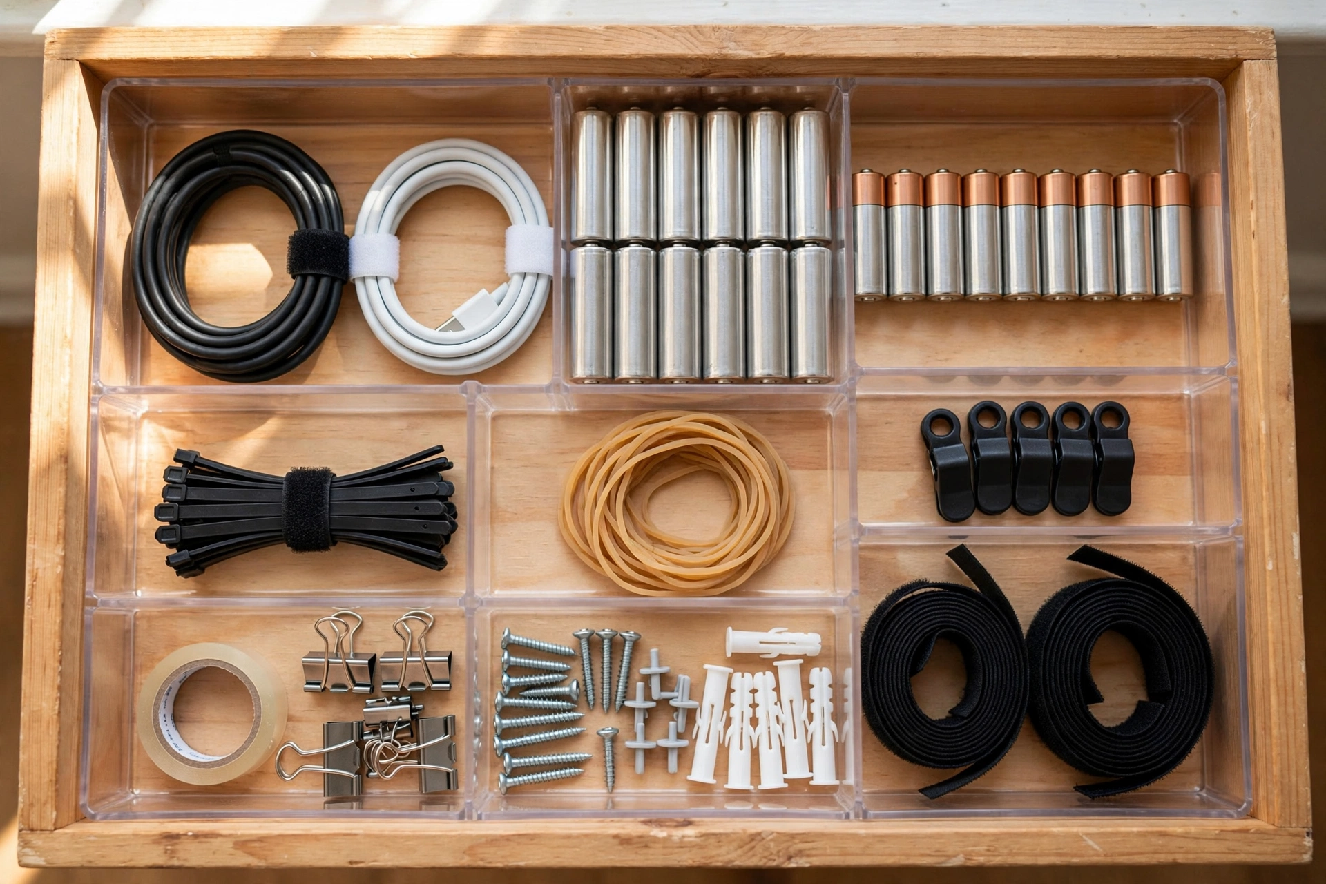 Tidy organised junk drawer after a quick five minute reset