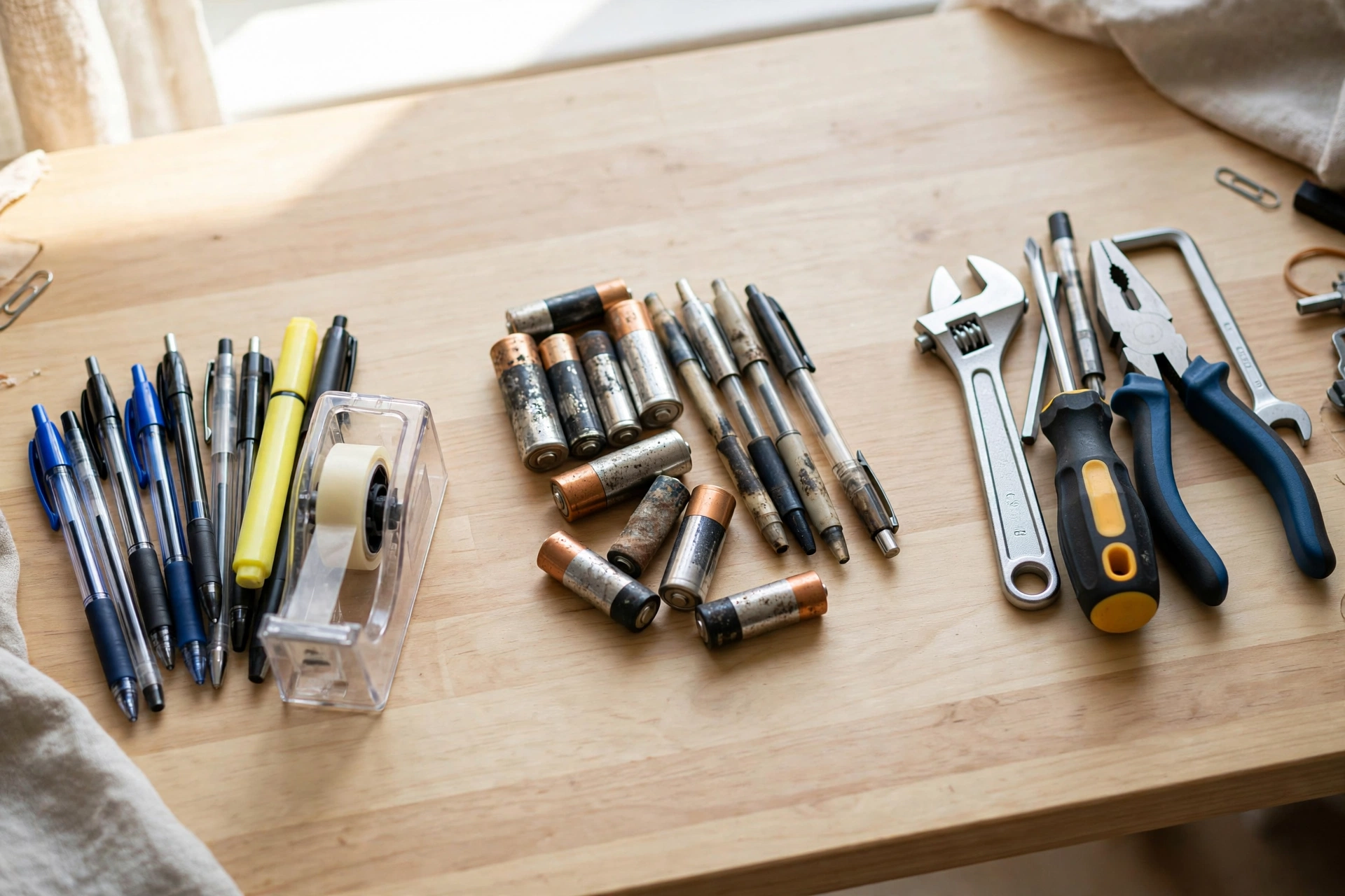 Junk drawer items sorted into three piles on a table
