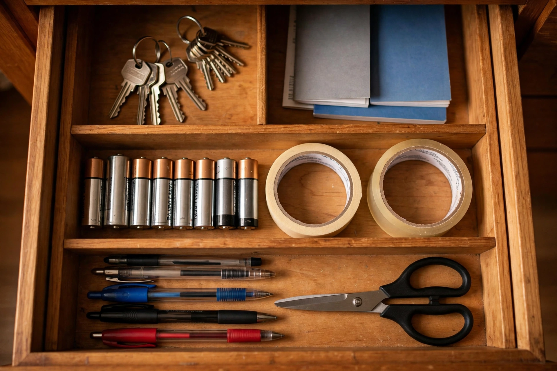 Junk drawer divided into three zones for everyday occasional and rare items