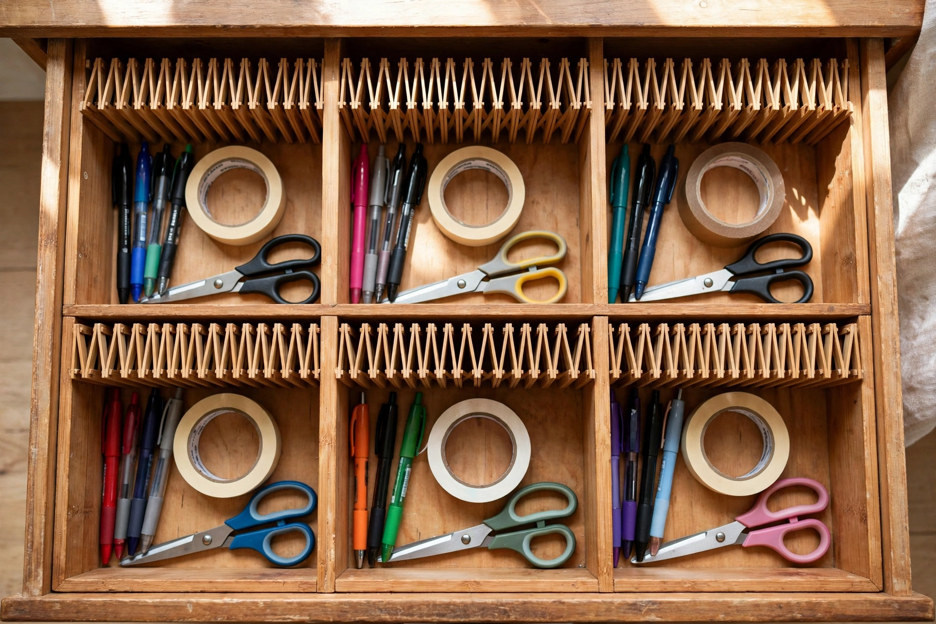 Bamboo drawer dividers creating neat compartments in a junk drawer