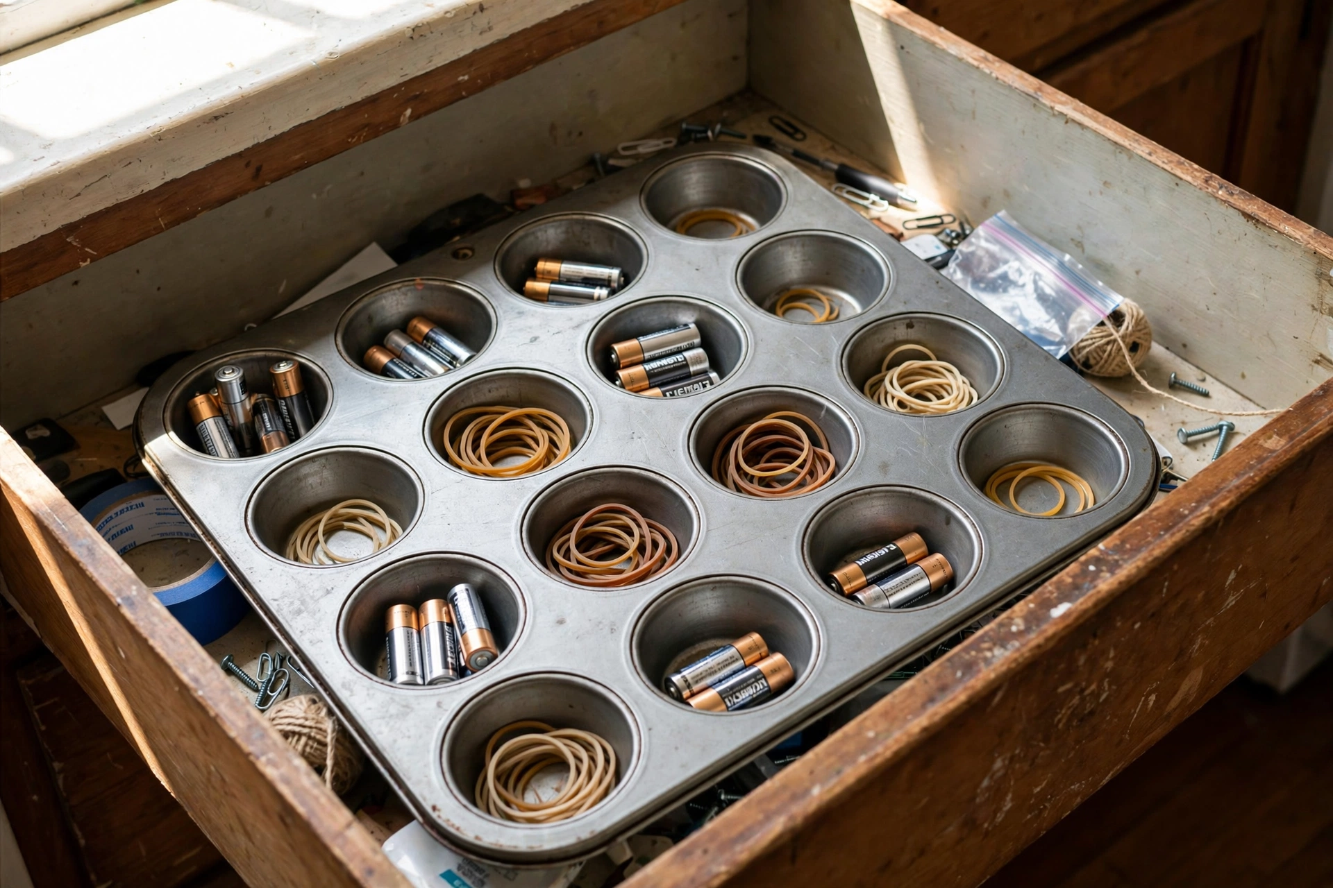 Muffin tin in a junk drawer used as a free compartment organiser