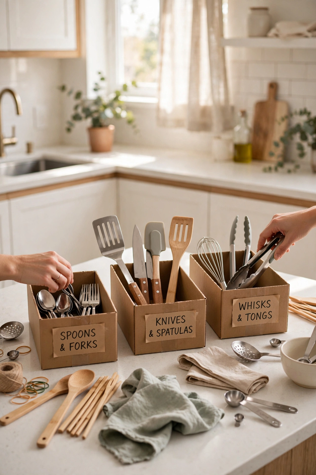 Decluttering a small kitchen by sorting utensils into boxes
