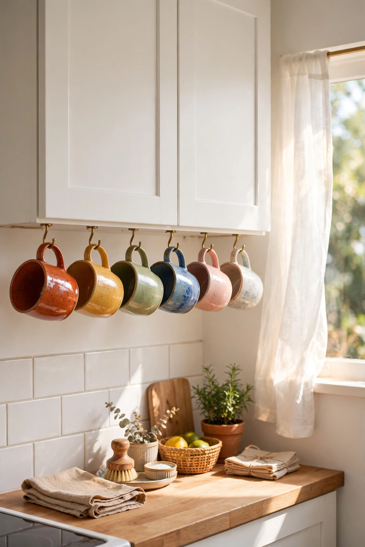 Mugs hanging from hooks under a kitchen wall cabinet