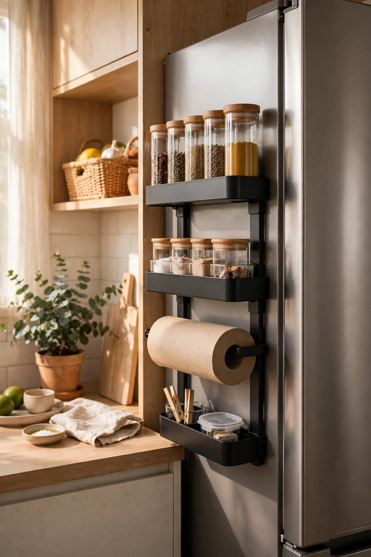 Magnetic shelves and organisers on the side of a fridge