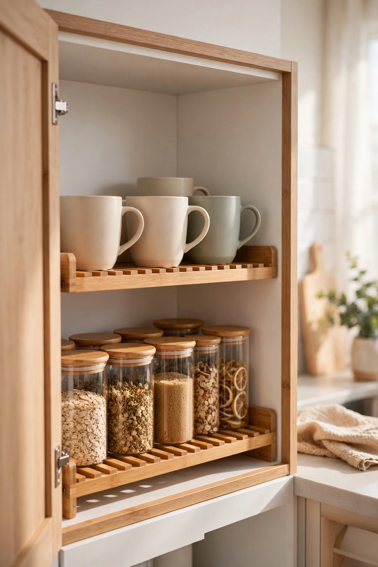 Tiered shelf risers doubling storage space inside a kitchen cabinet