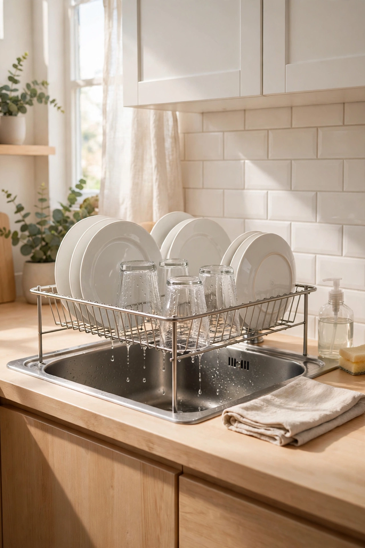 Over-sink dish drying rack freeing up counter space in a small kitchen