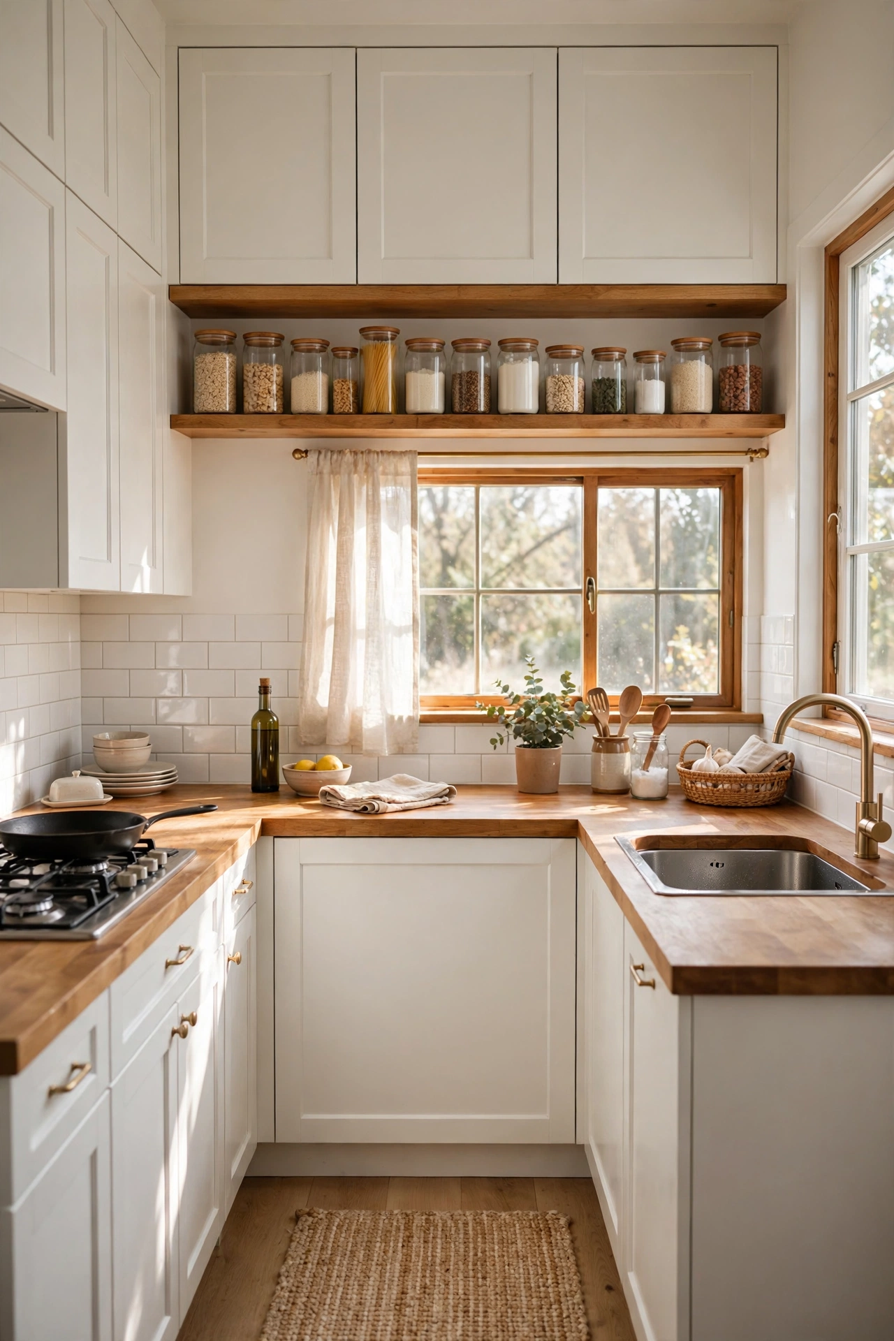 Beautifully organised small modern kitchen with white cabinets and wooden worktop