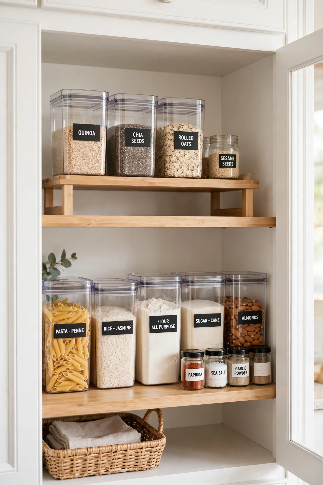 Beautifully organised kitchen cabinets with shelf risers and clear containers