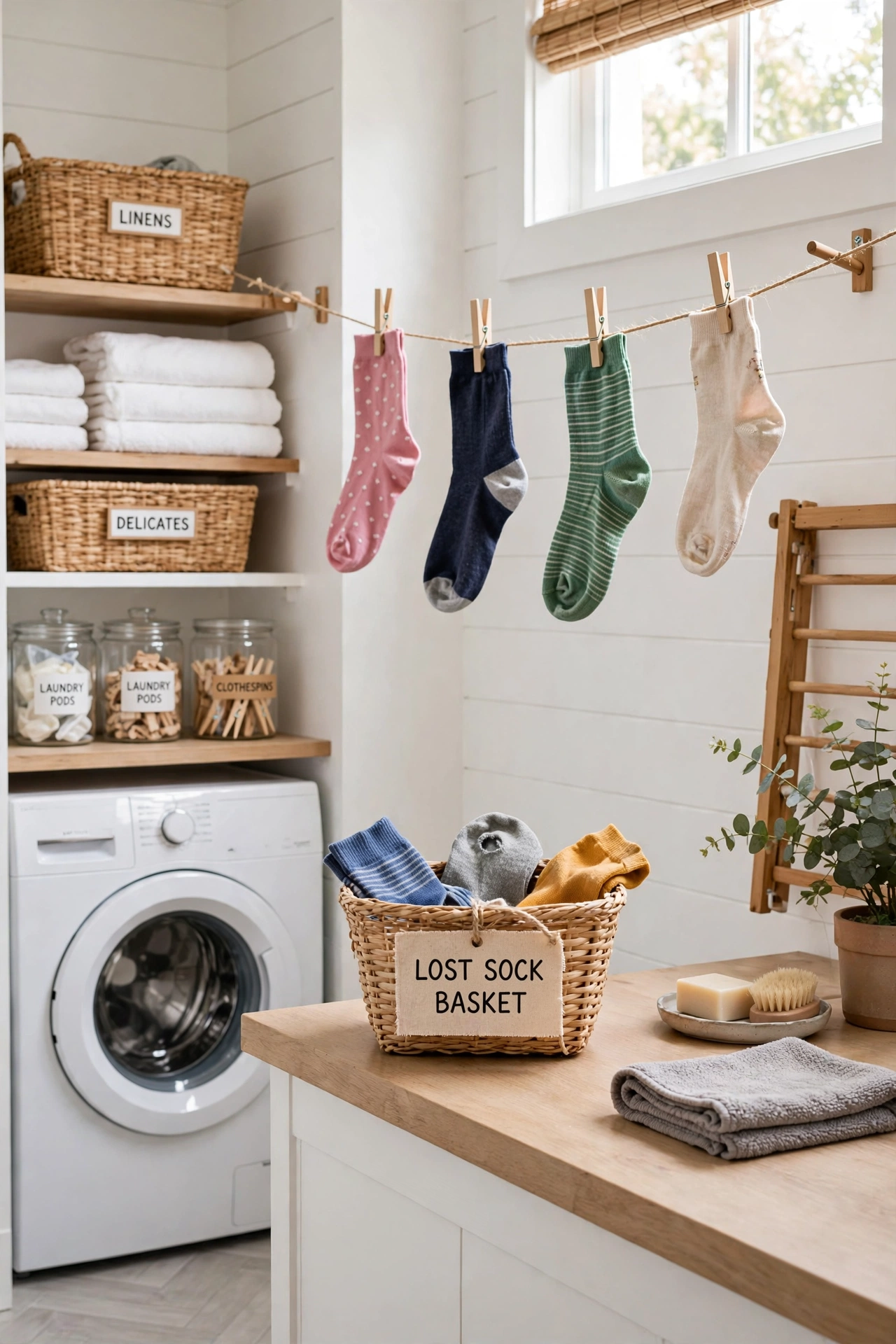 Lost sock basket in an organised laundry room
