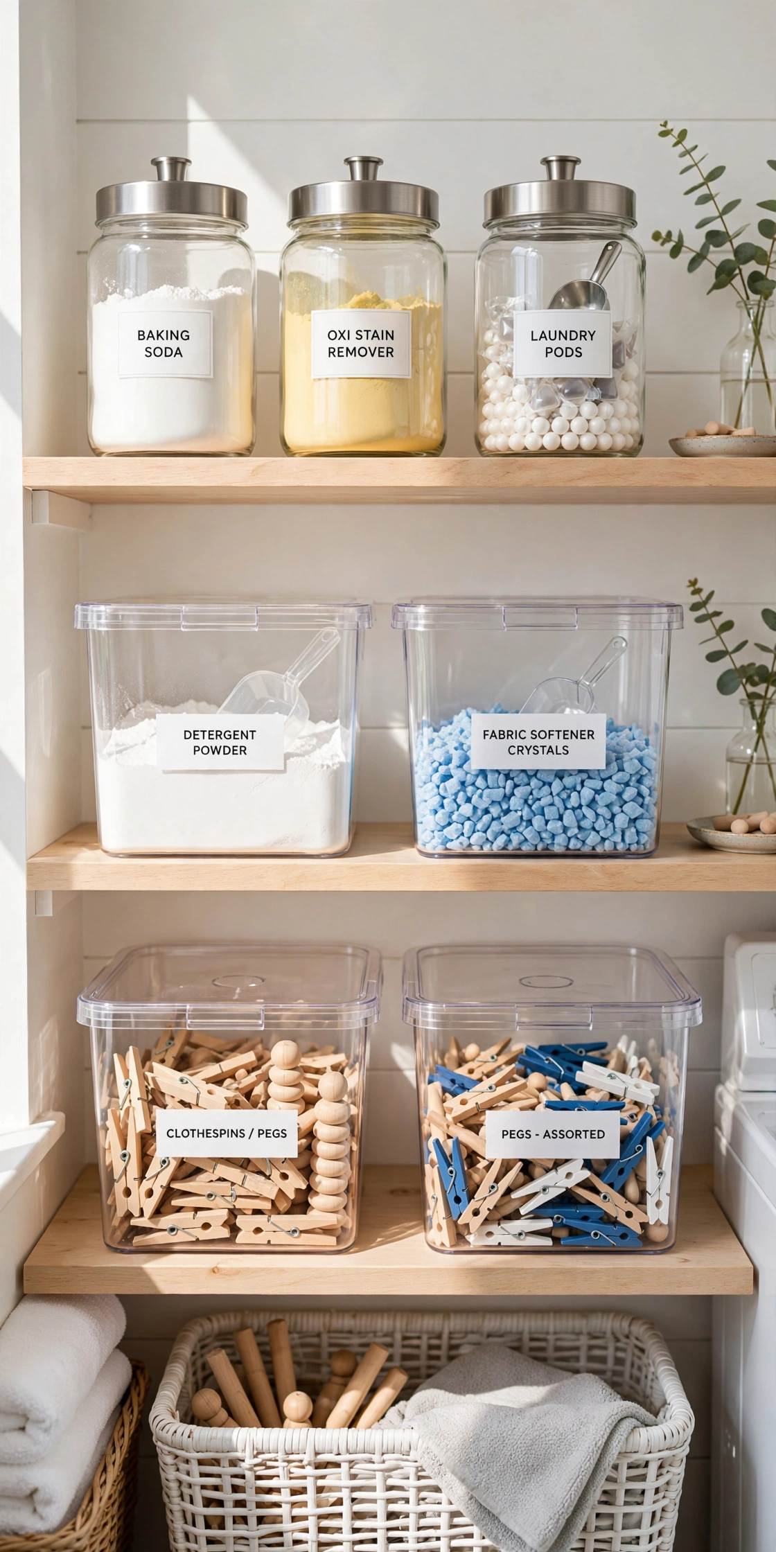 Laundry shelves with clear jars and bins, everything visible