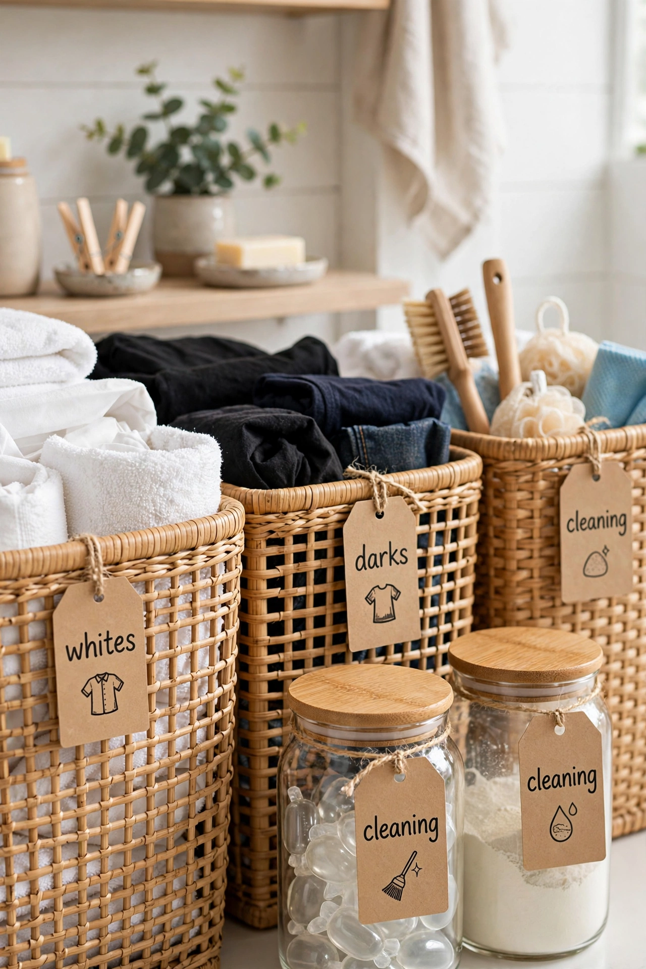 Close view of labelled laundry bins and jars