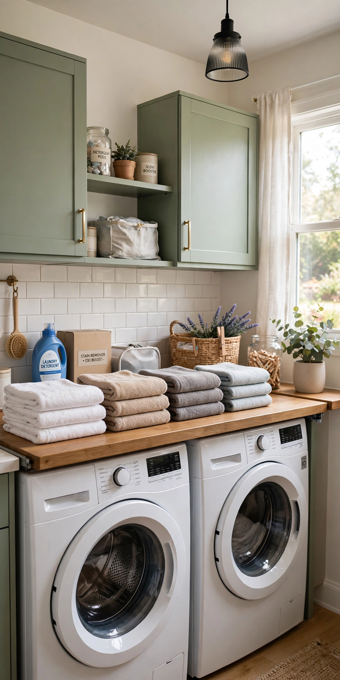 Laundry folding counter over washing machines with folded towels