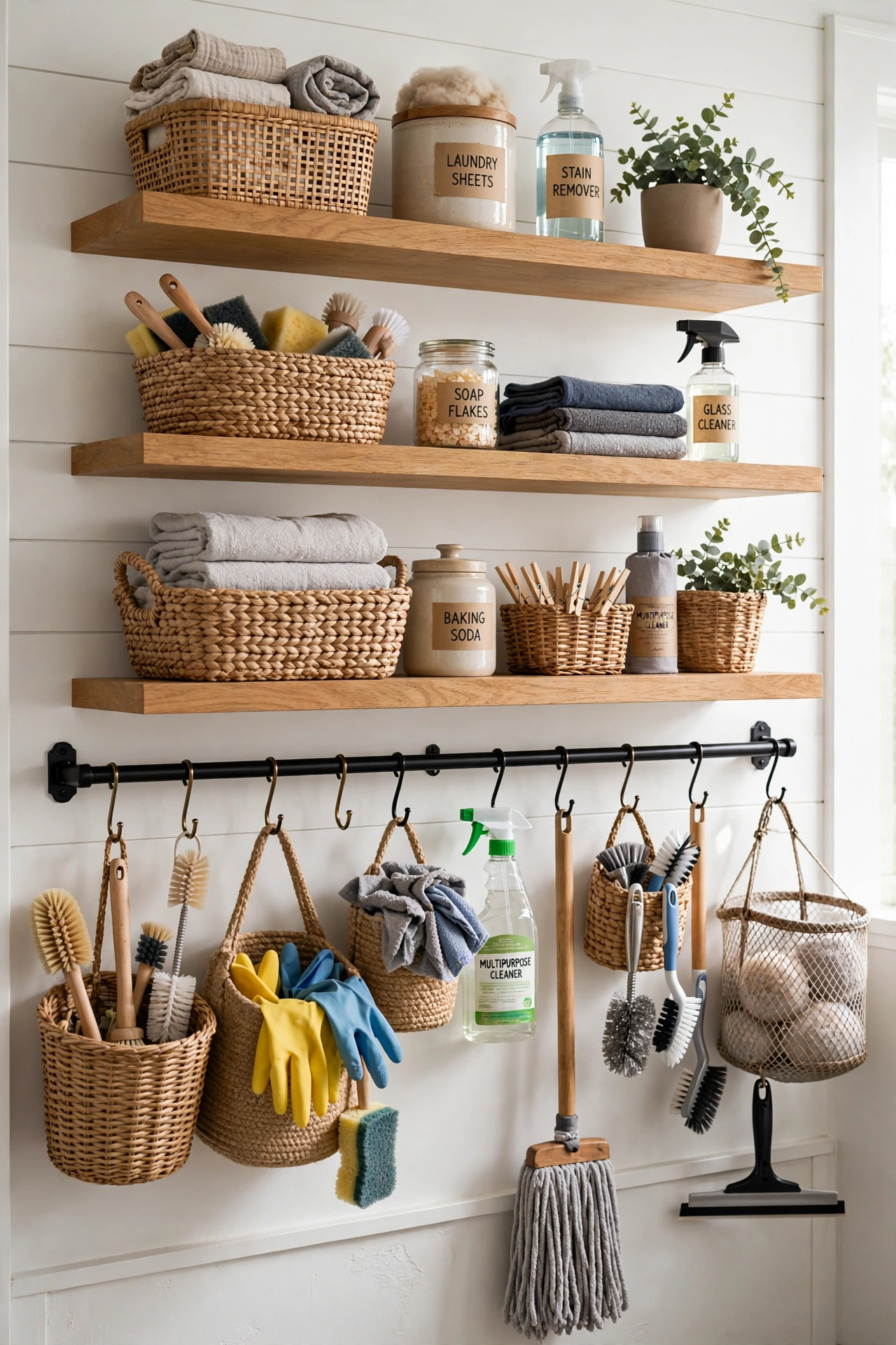 Laundry room wall with shelves, rail and hooks