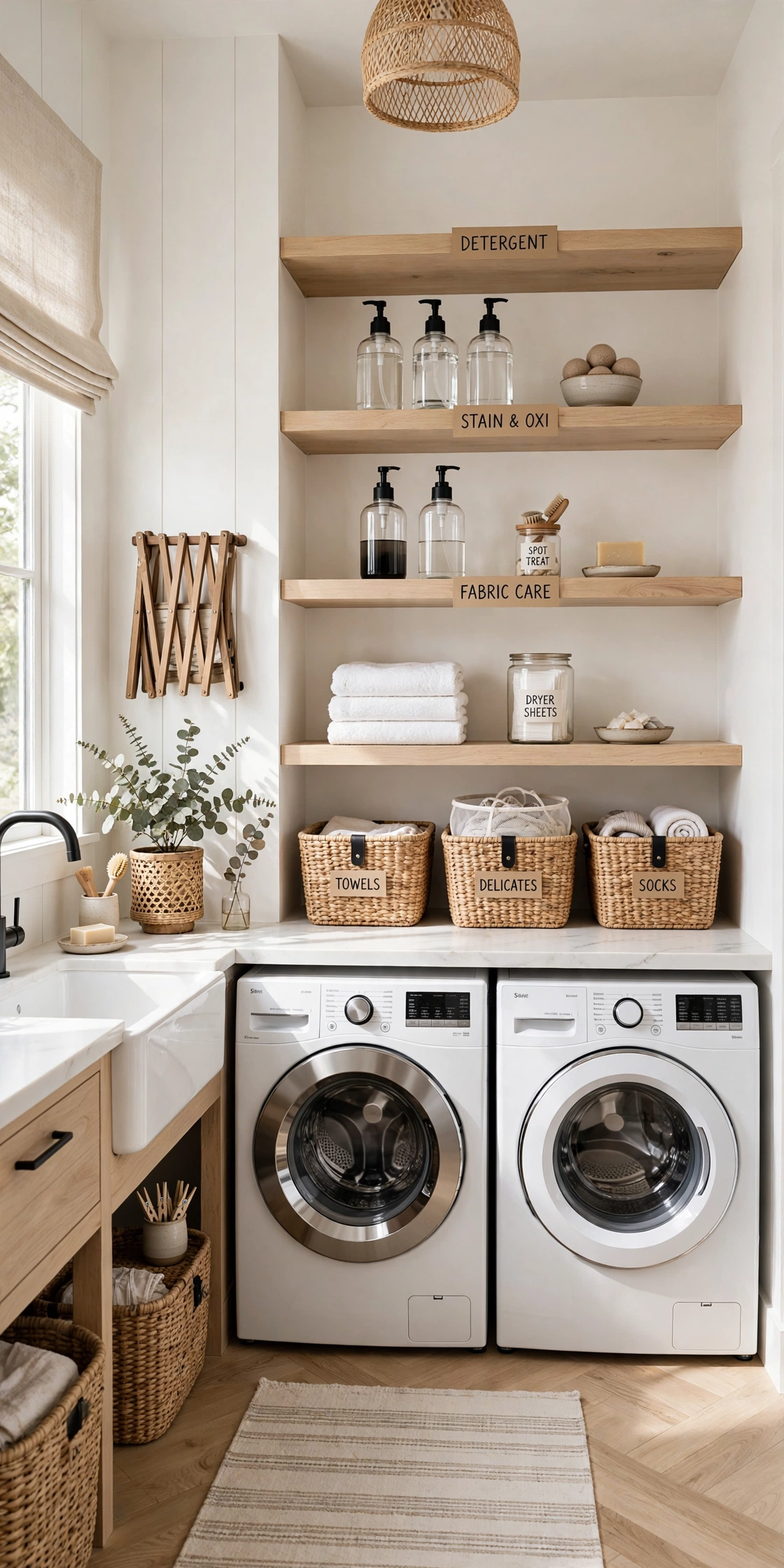 Beautifully organised laundry room with zoned shelves, matching dispensers and baskets