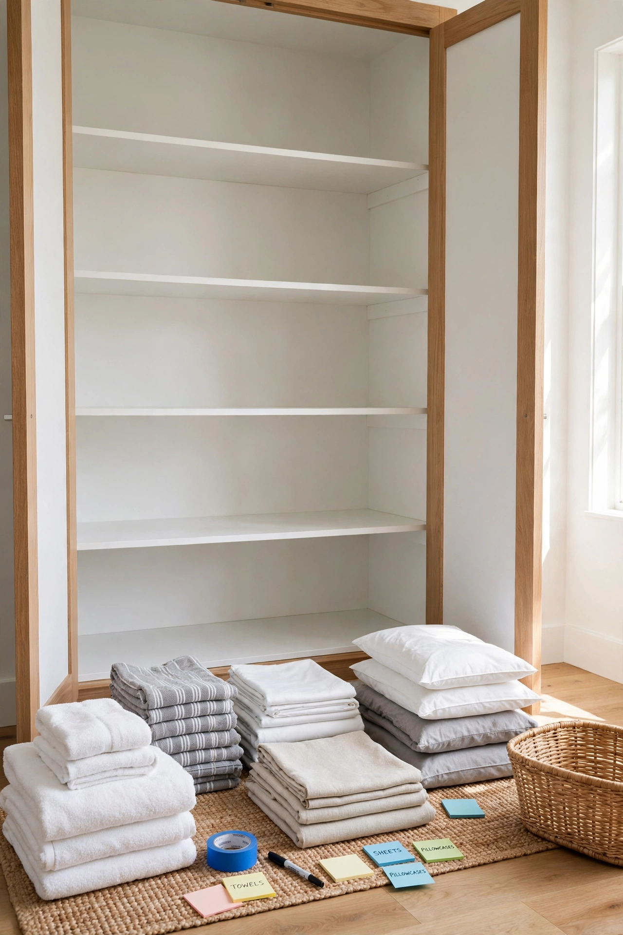 Linen closet completely emptied for organisation