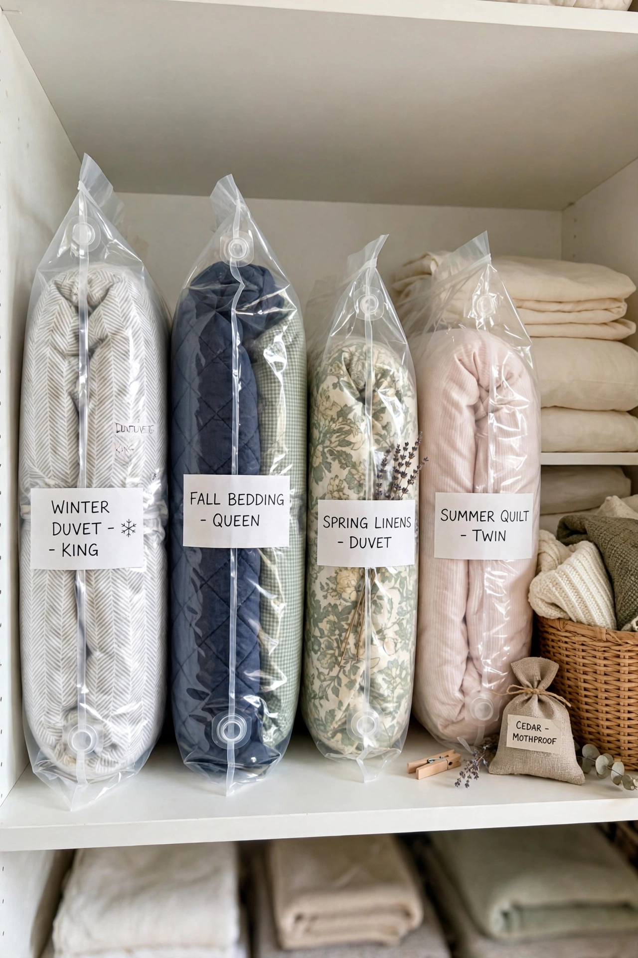 Top shelf of linen closet with vacuum bags holding duvets