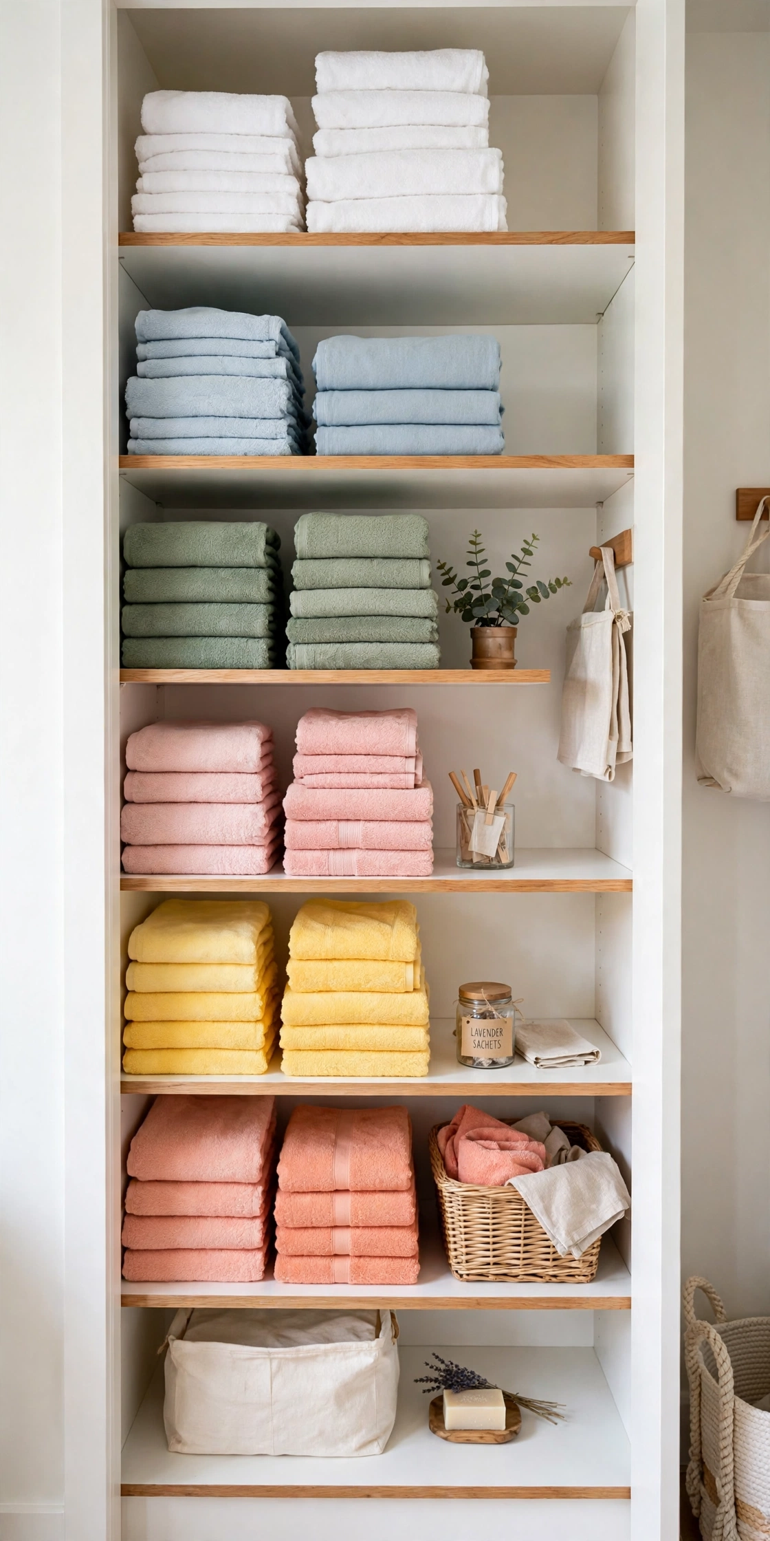 Linen closet with colour coordinated towels