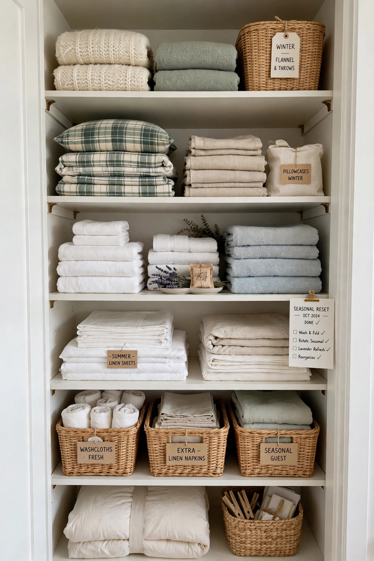Freshly refolded linen closet after seasonal reset