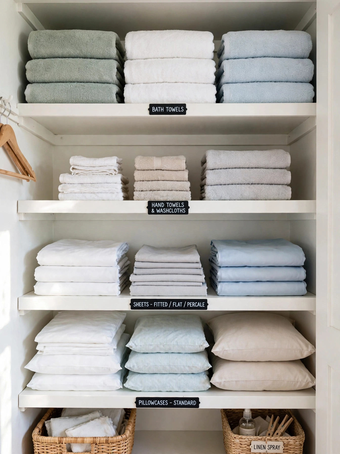Linen closet shelves sorted into clear categories