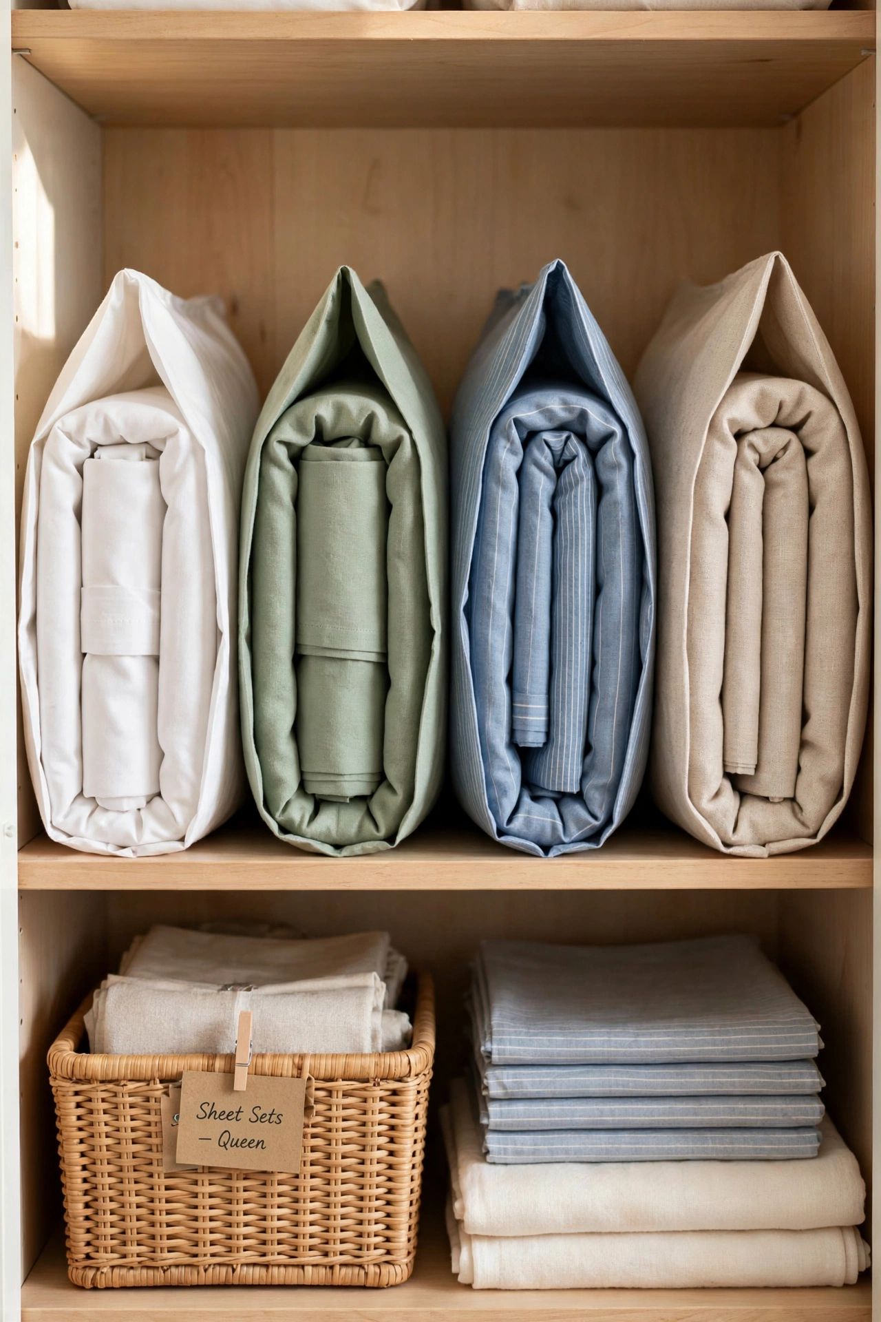 Sheet sets folded and stored inside matching pillowcases