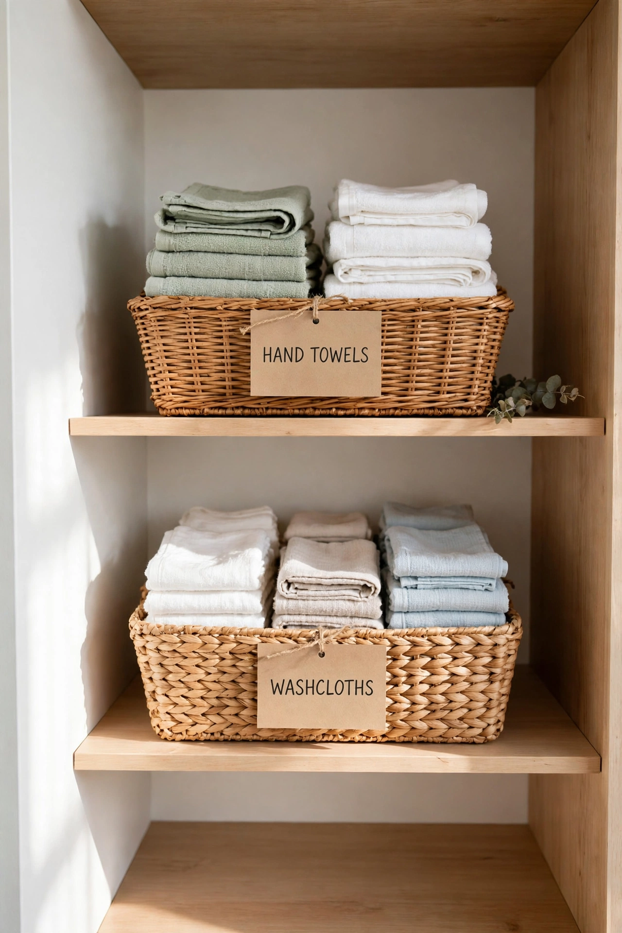 Woven baskets on linen closet shelves holding washcloths