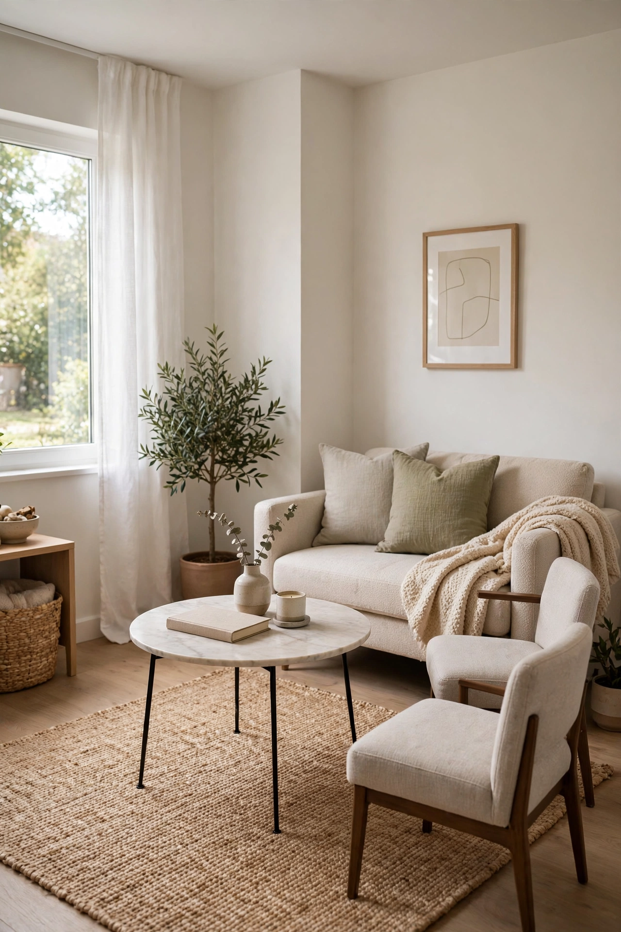 Small seating area with a slim round coffee table and clear walkways