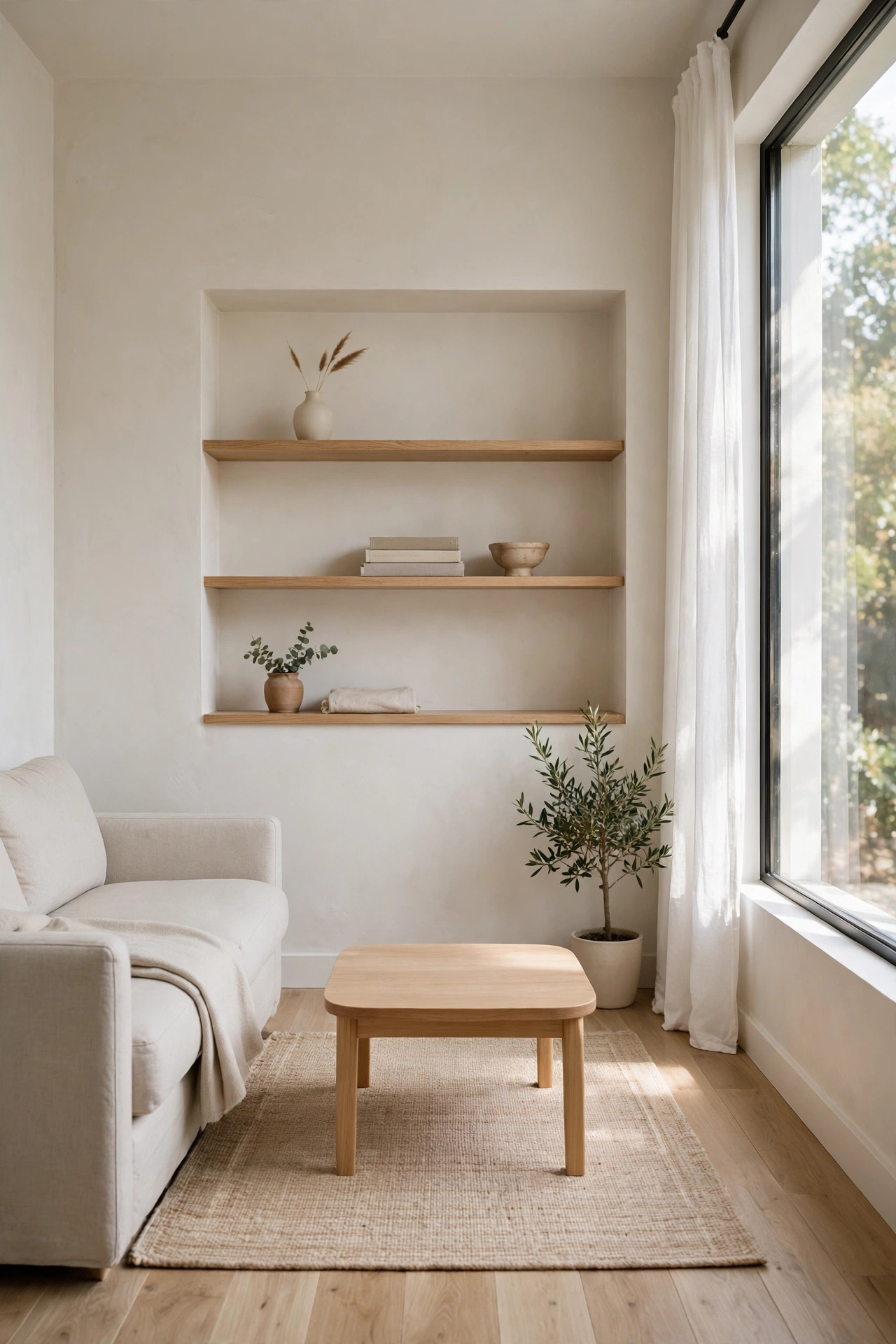 Minimal decluttered small living room with clear surfaces