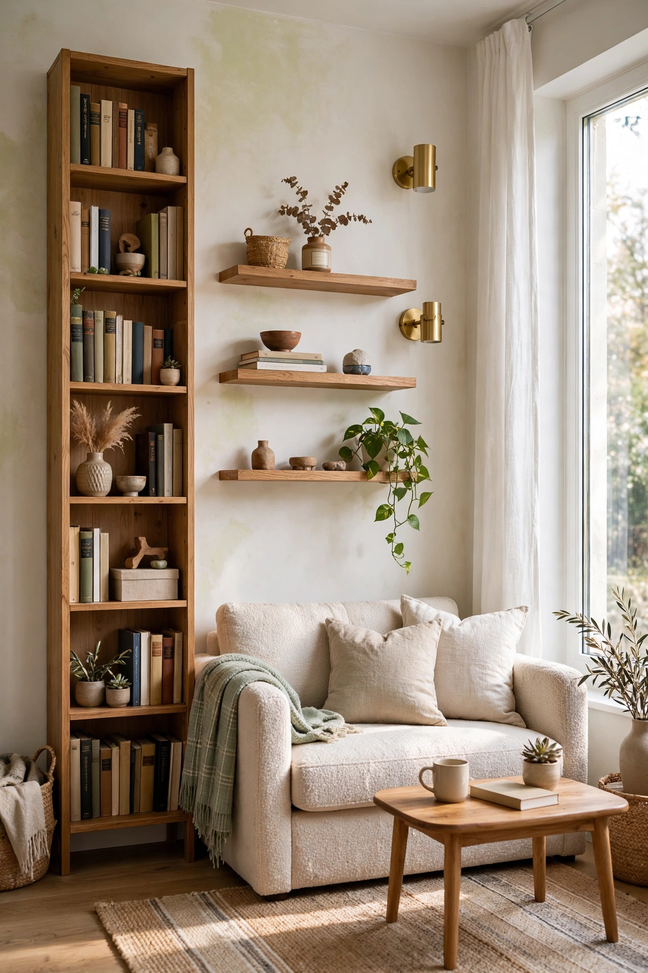 Small living room using vertical space with tall bookcase and floating shelves