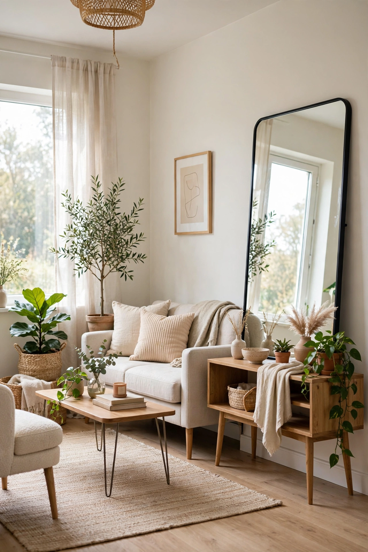 Beautifully decorated small living room that feels spacious with light colours and plants