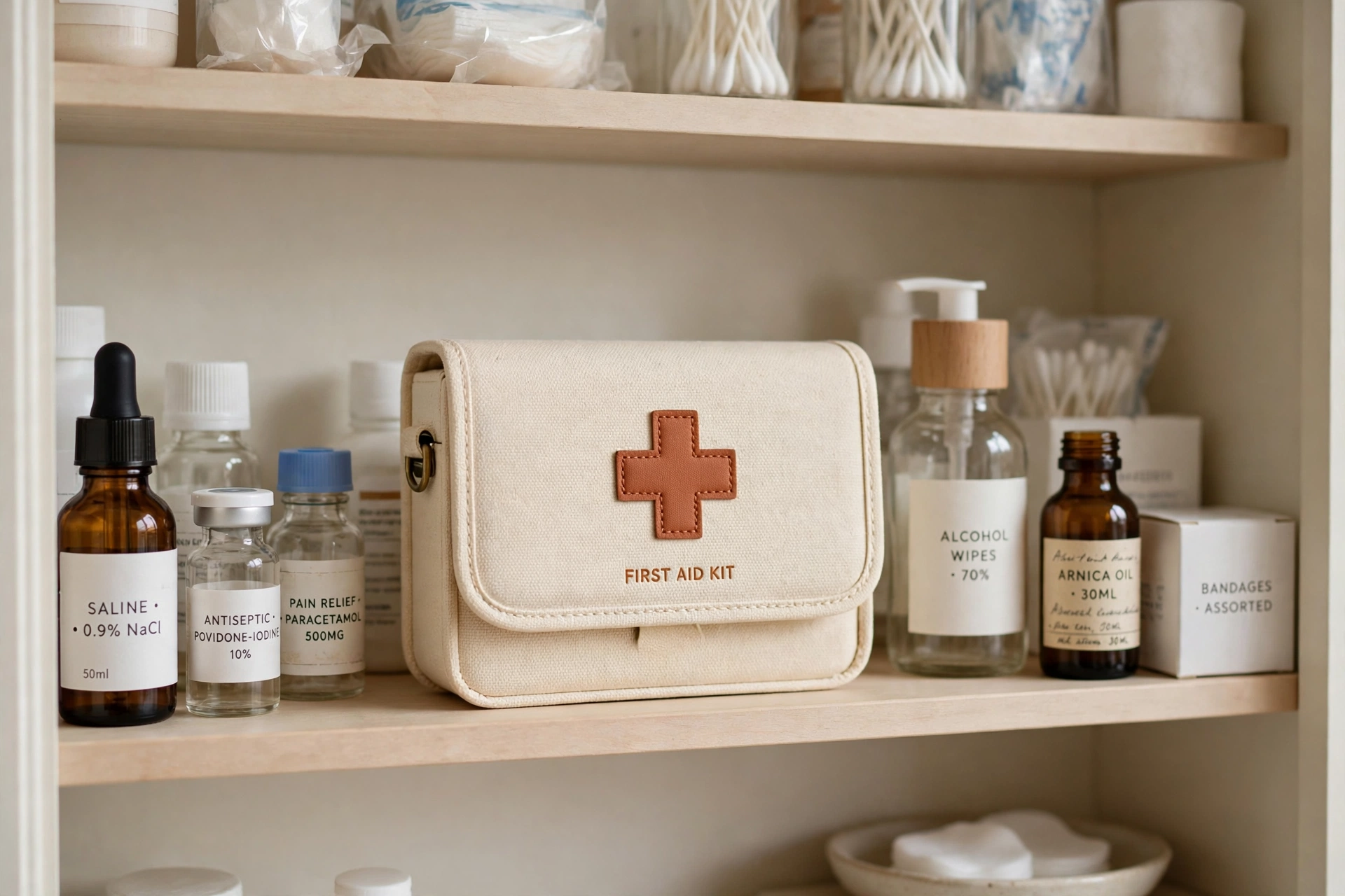 Compact first aid box fitted on a medicine cabinet shelf