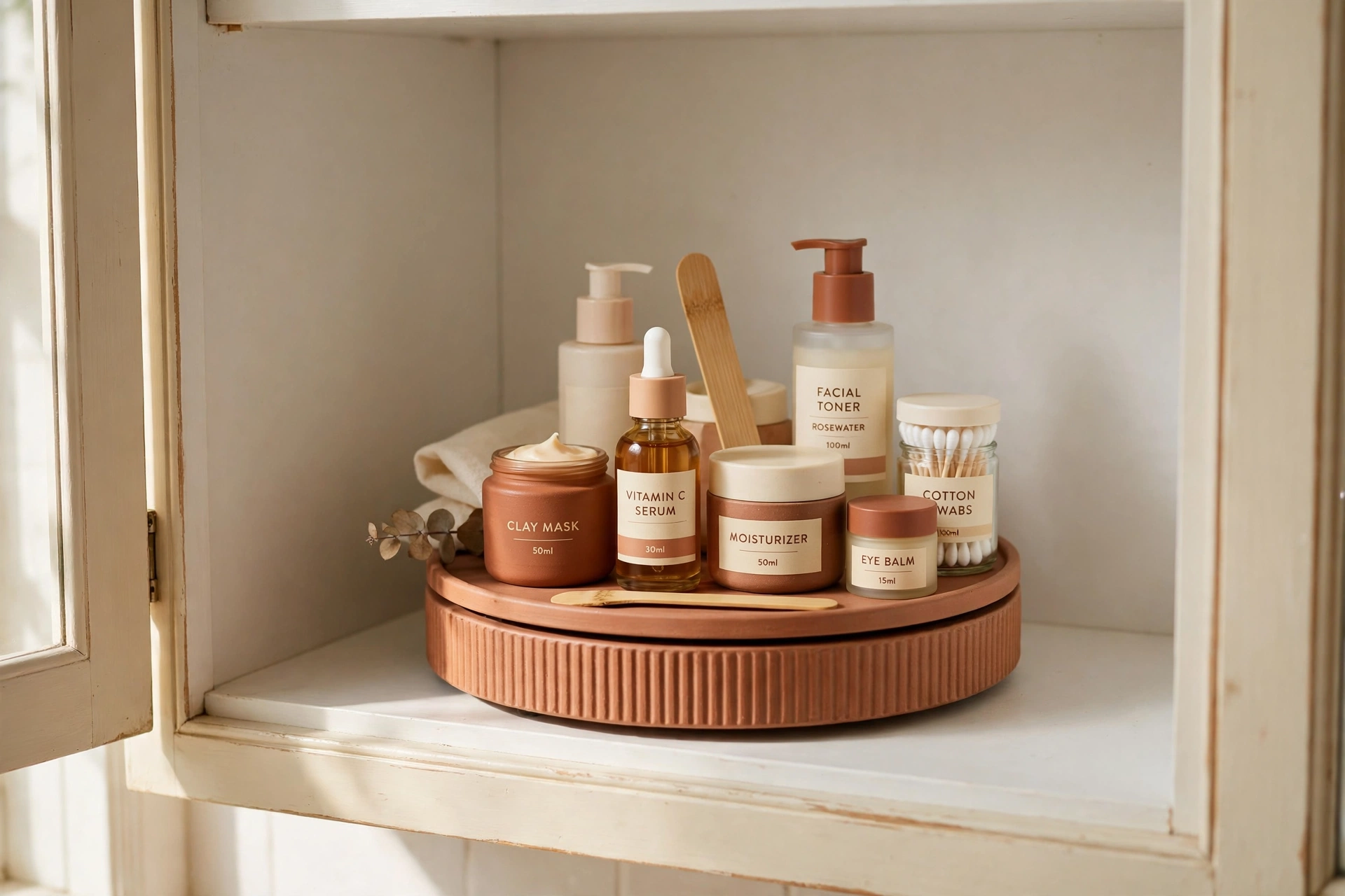 Mini lazy Susan turntable inside a medicine cabinet