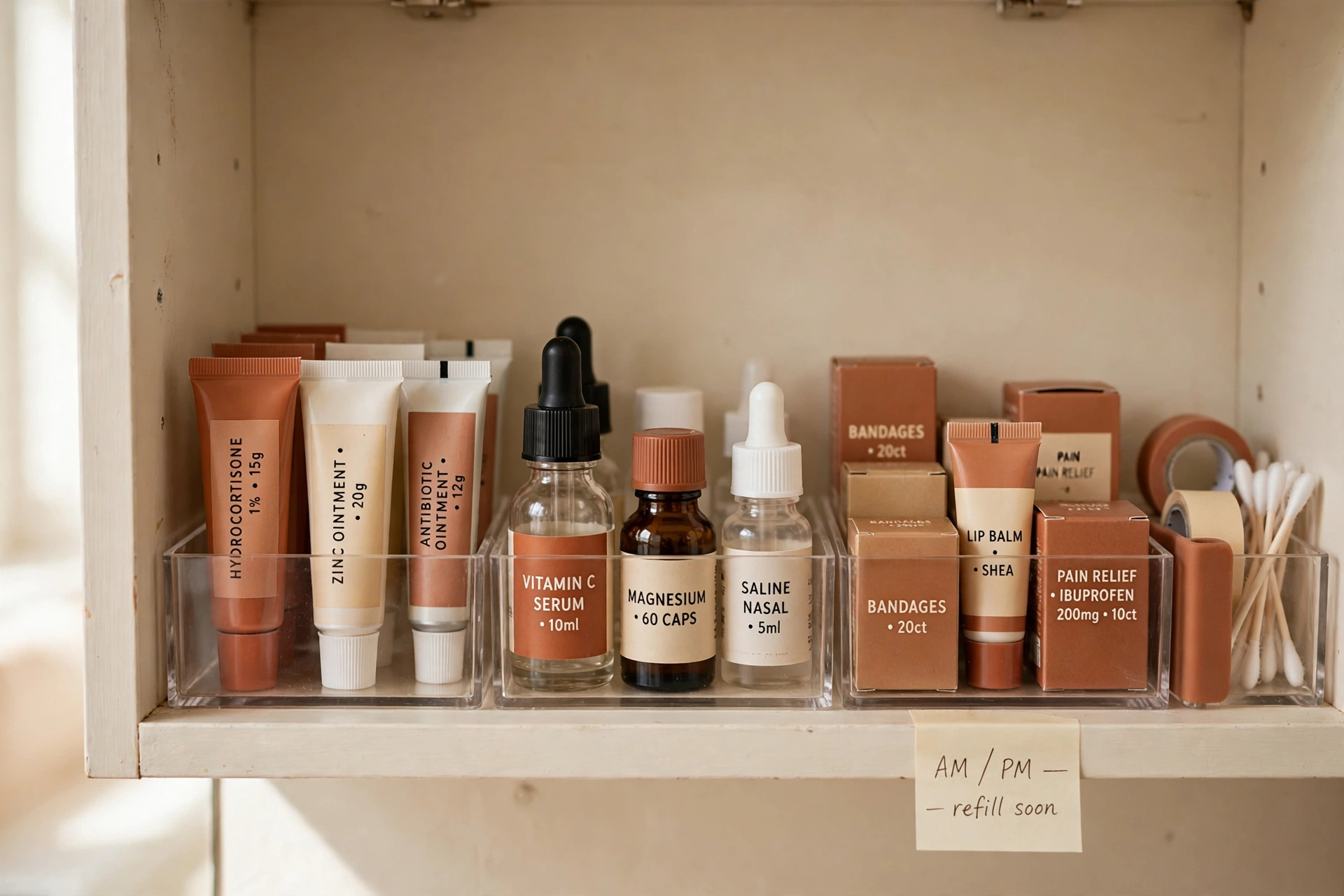 Slim clear bins organising a narrow medicine cabinet shelf