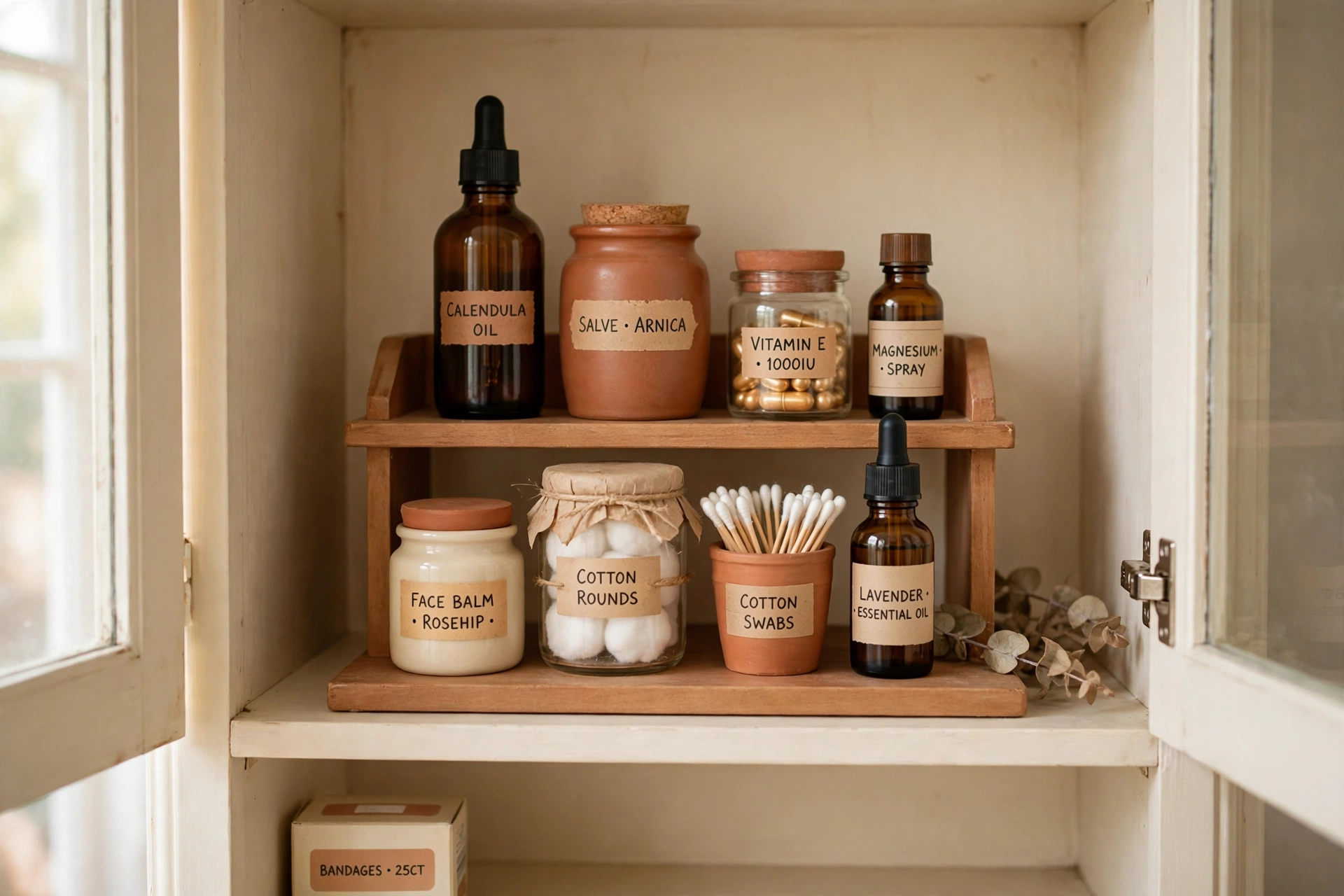 Tiered riser inside a medicine cabinet showing two rows of bottles