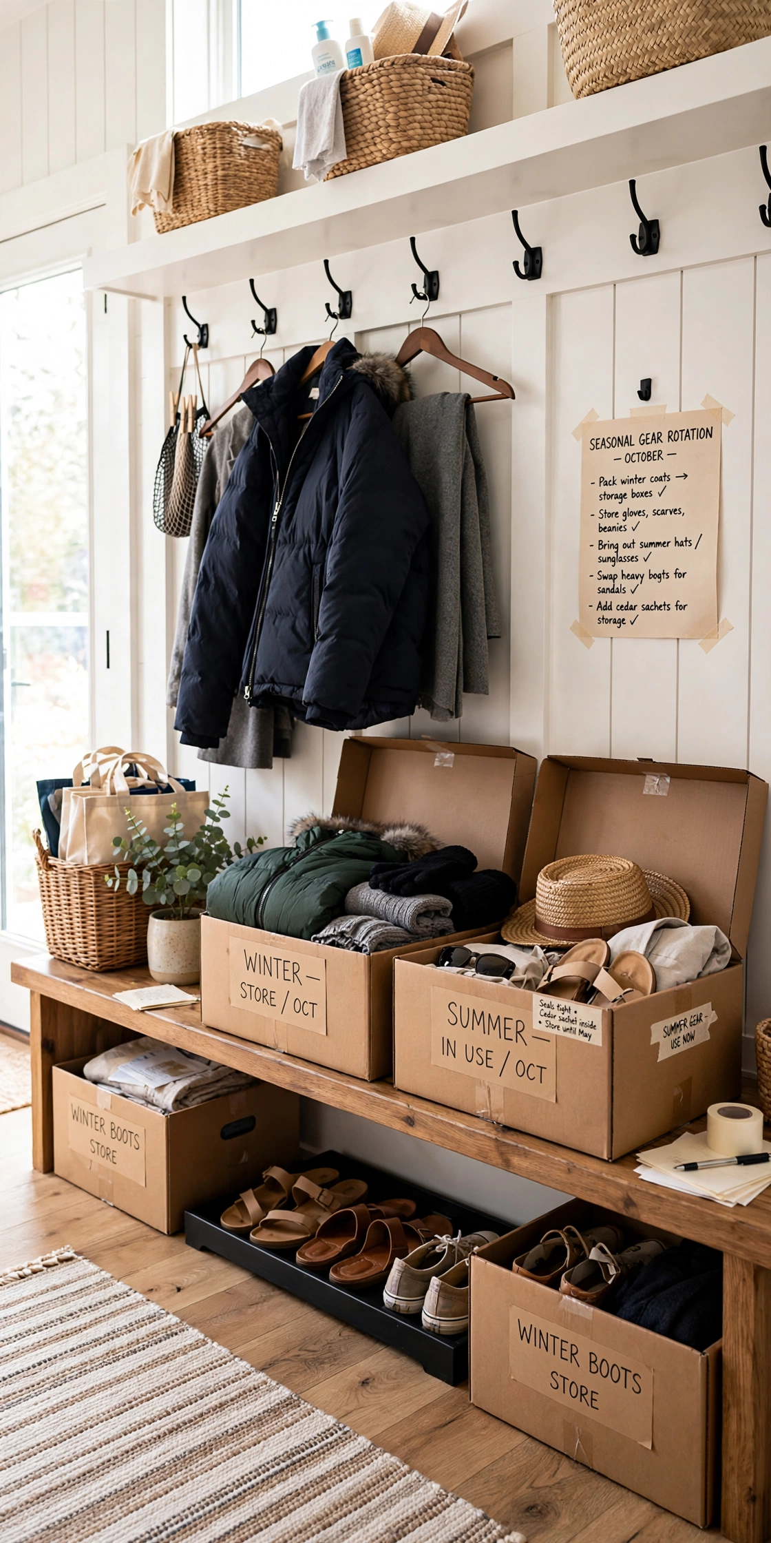 Seasonal gear rotation in a mudroom with storage boxes