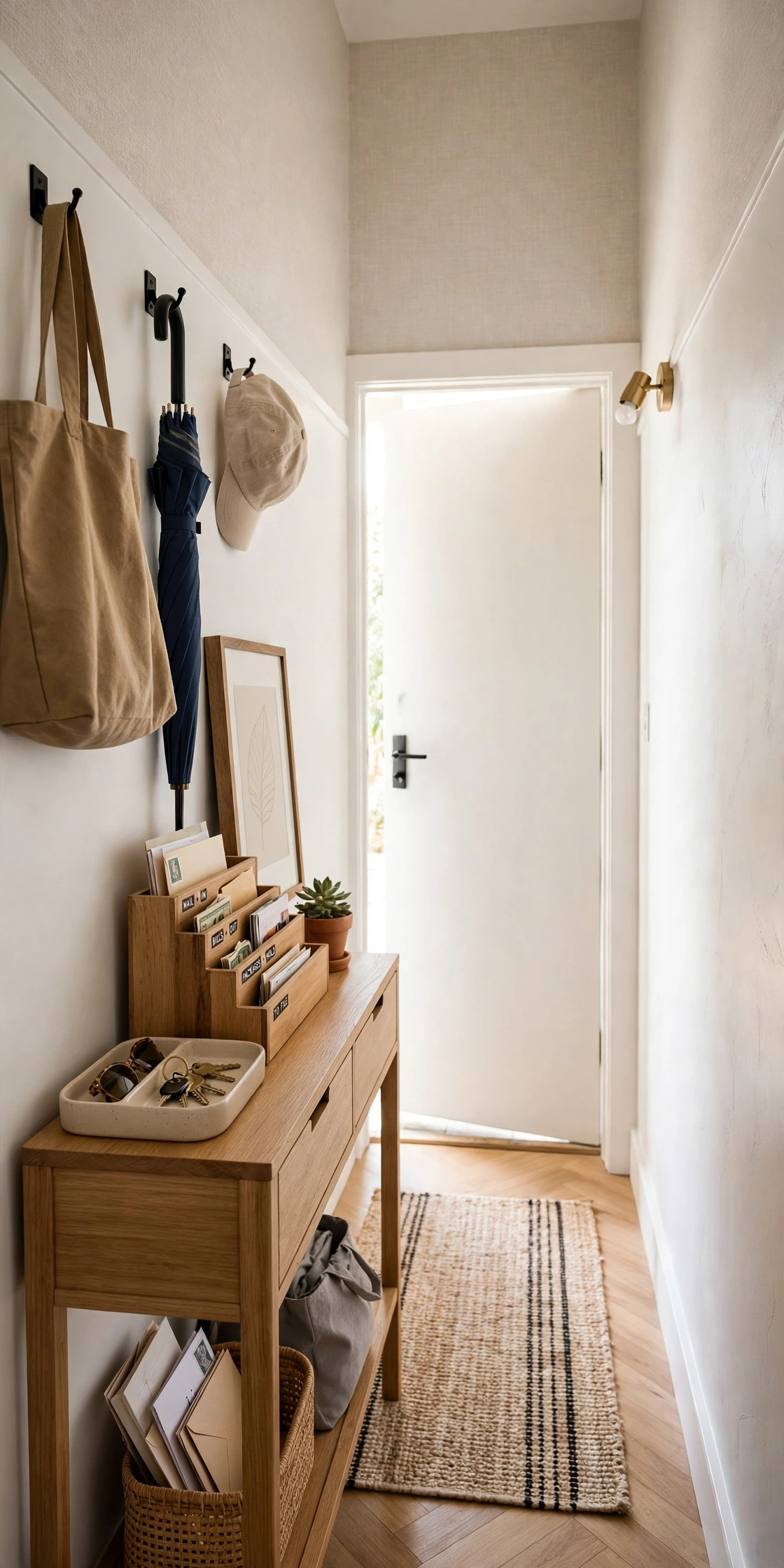 Narrow console table in a small hallway entryway as a landing strip
