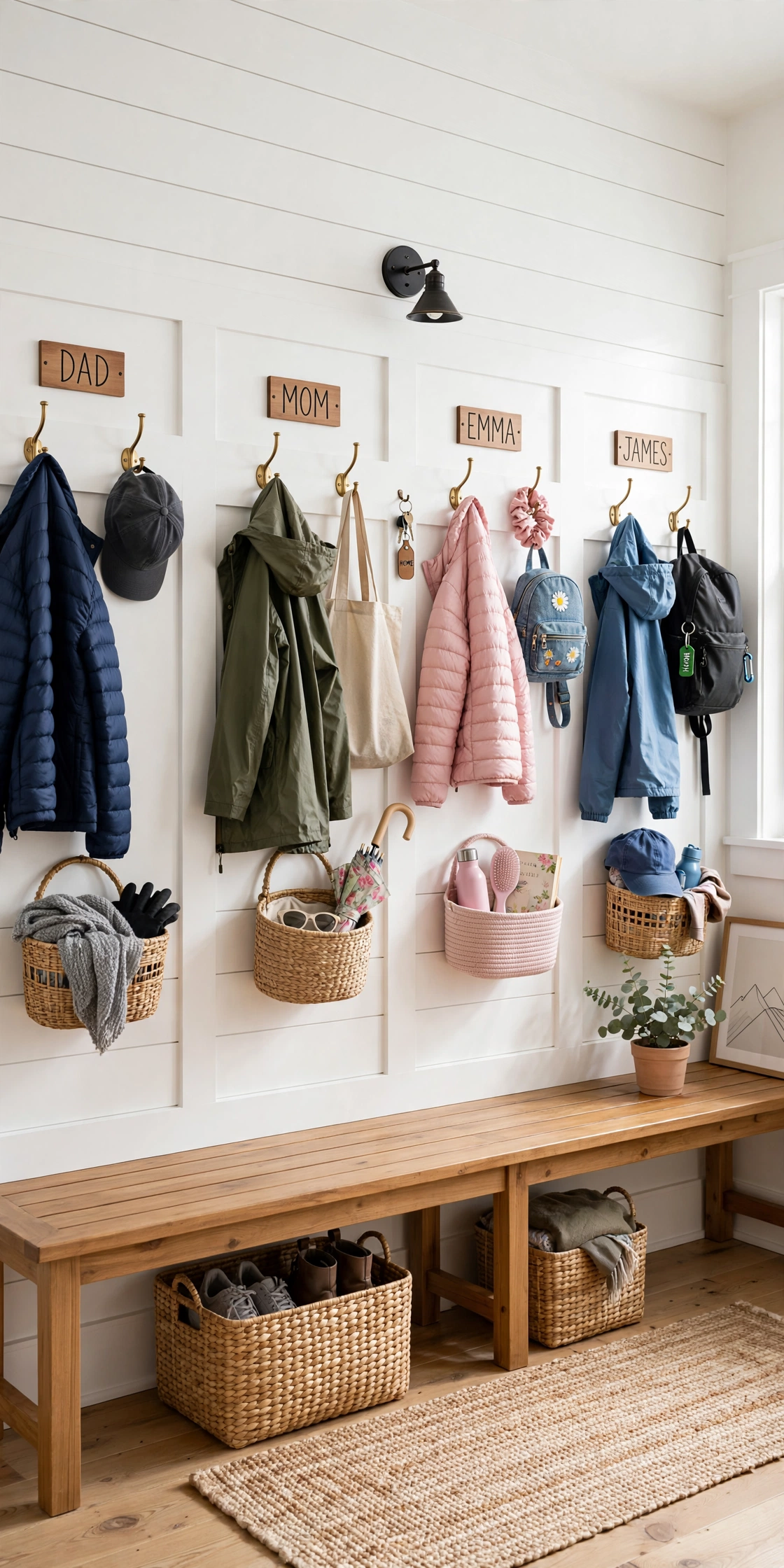 Mudroom wall with individual labelled hook zones for each family member