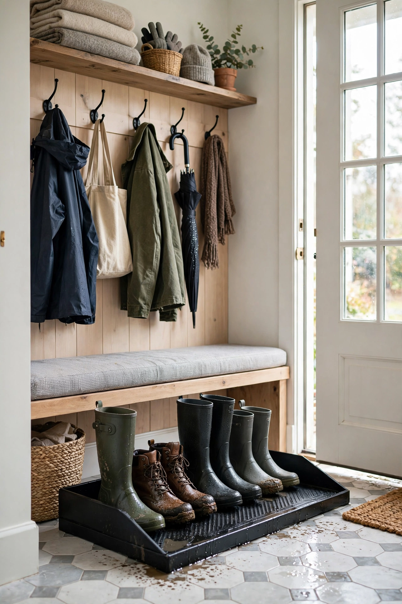 Boot tray by the front door holding wet boots neatly