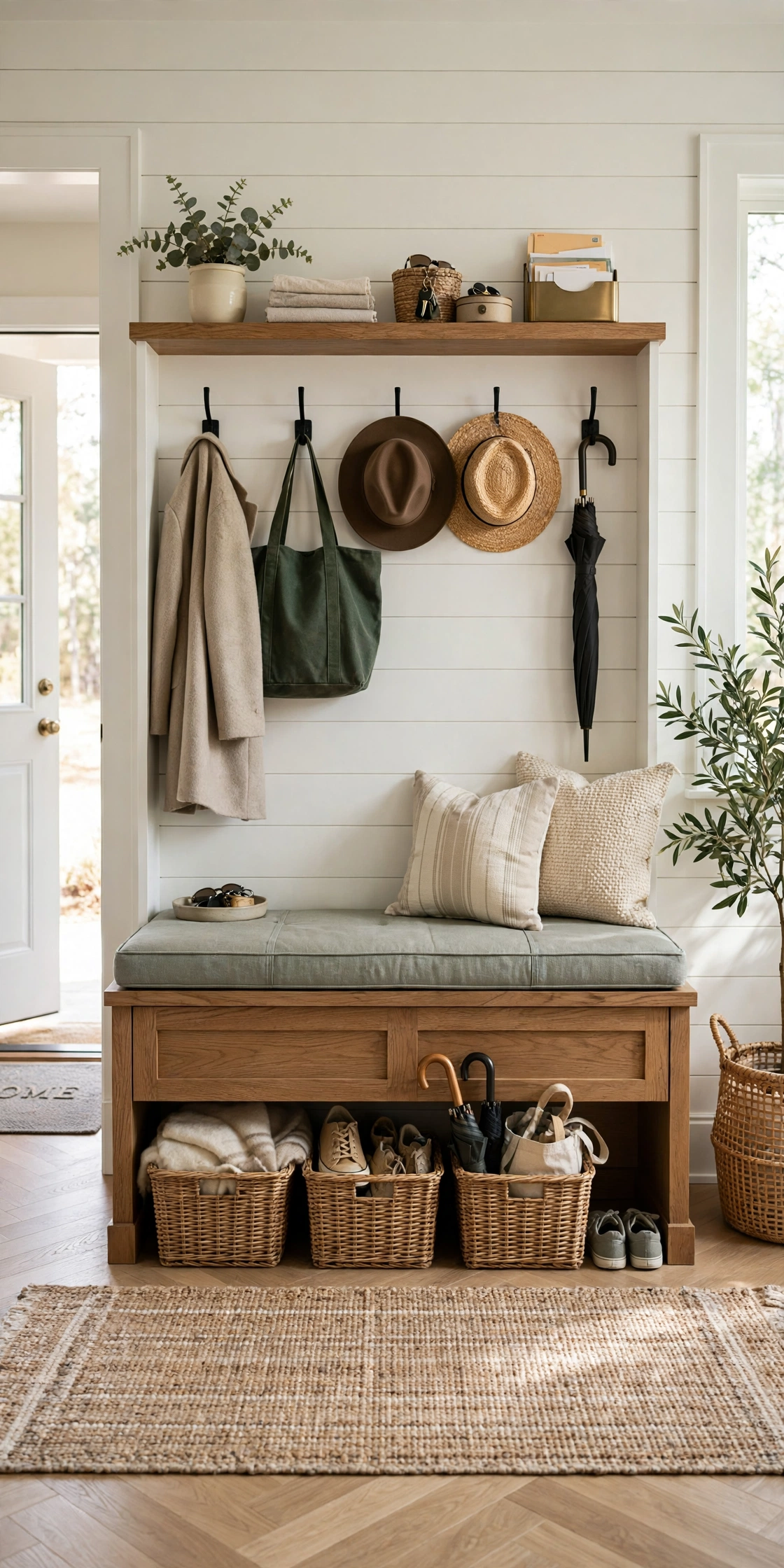 Mudroom storage bench with hidden compartments and baskets
