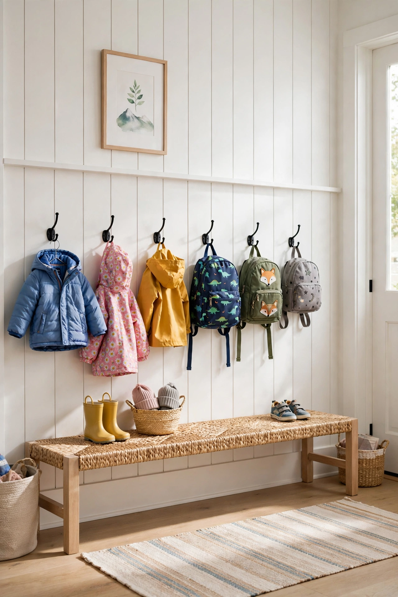 Low row of hooks at child height in a mudroom