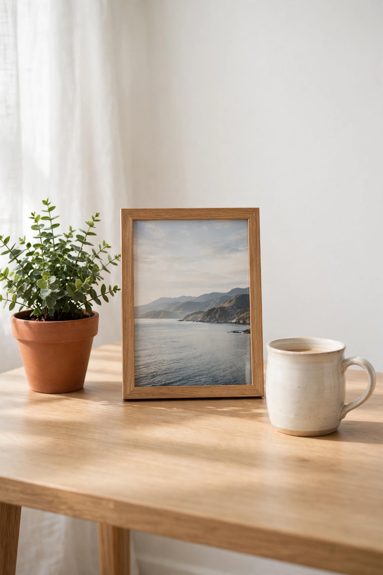 Desk with a plant, framed photo and favourite mug
