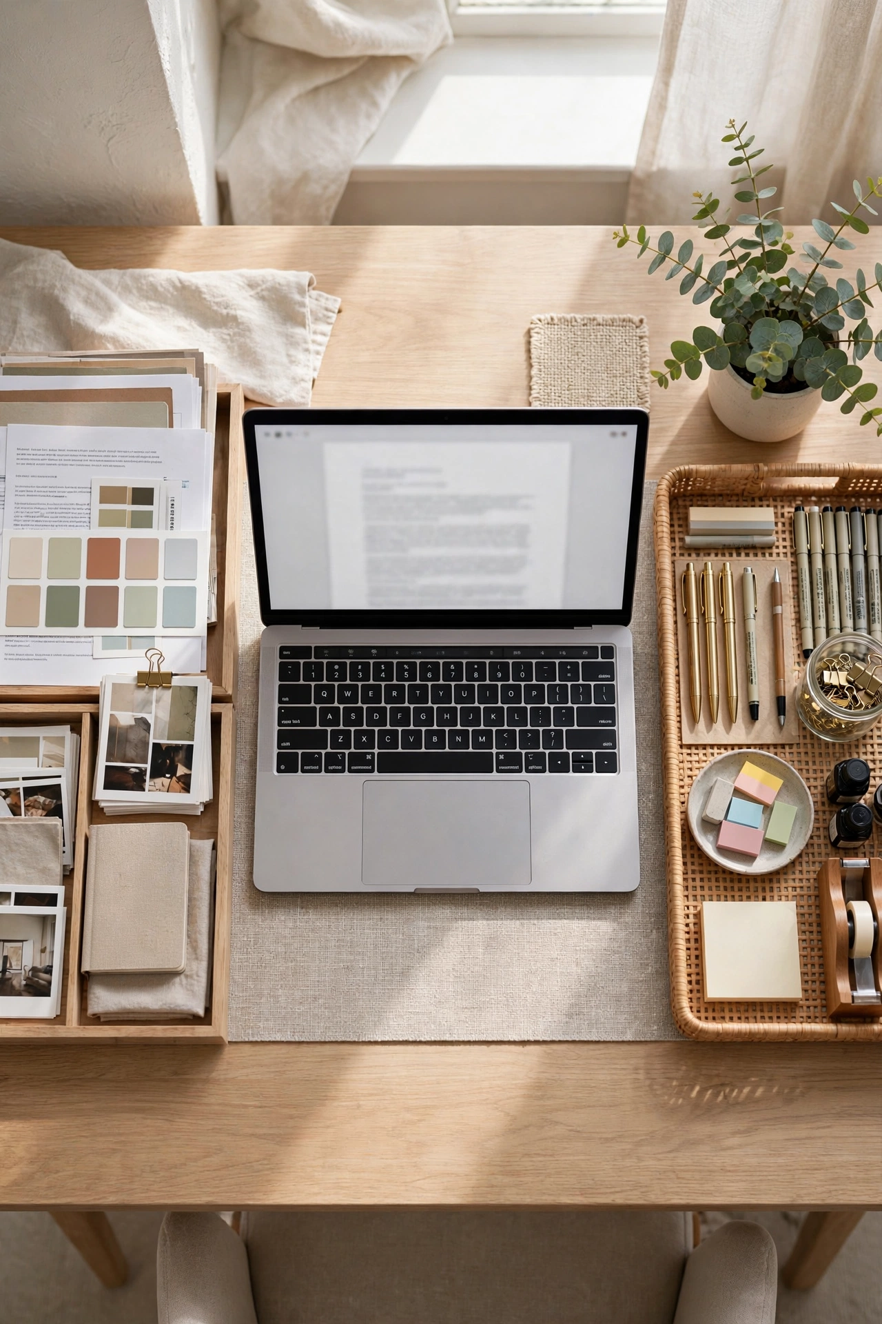 Desk divided into work, reference and supply zones