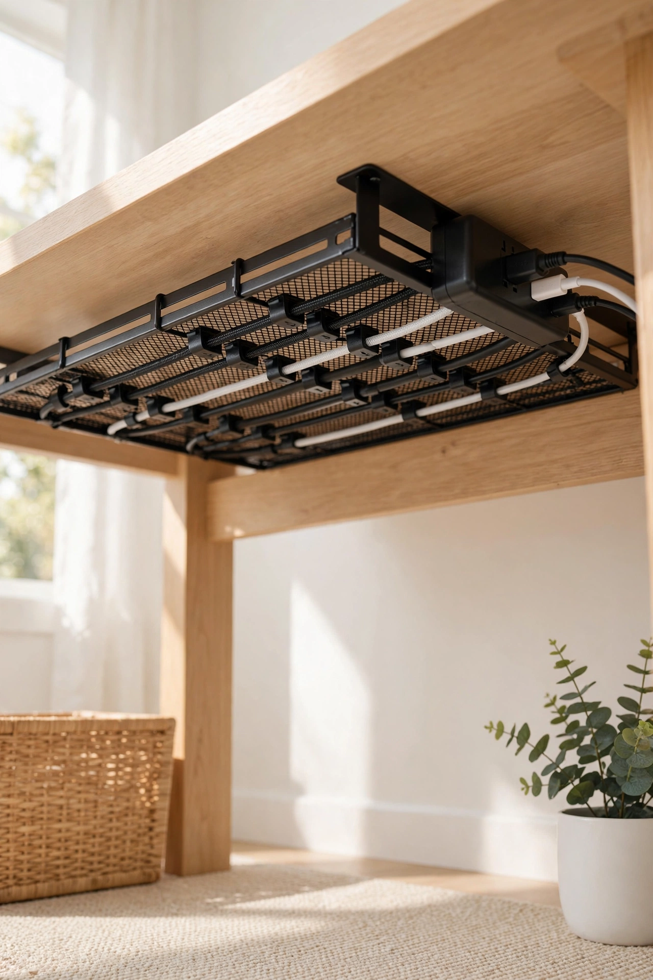 Under-desk cable management with tray and neatly routed cords