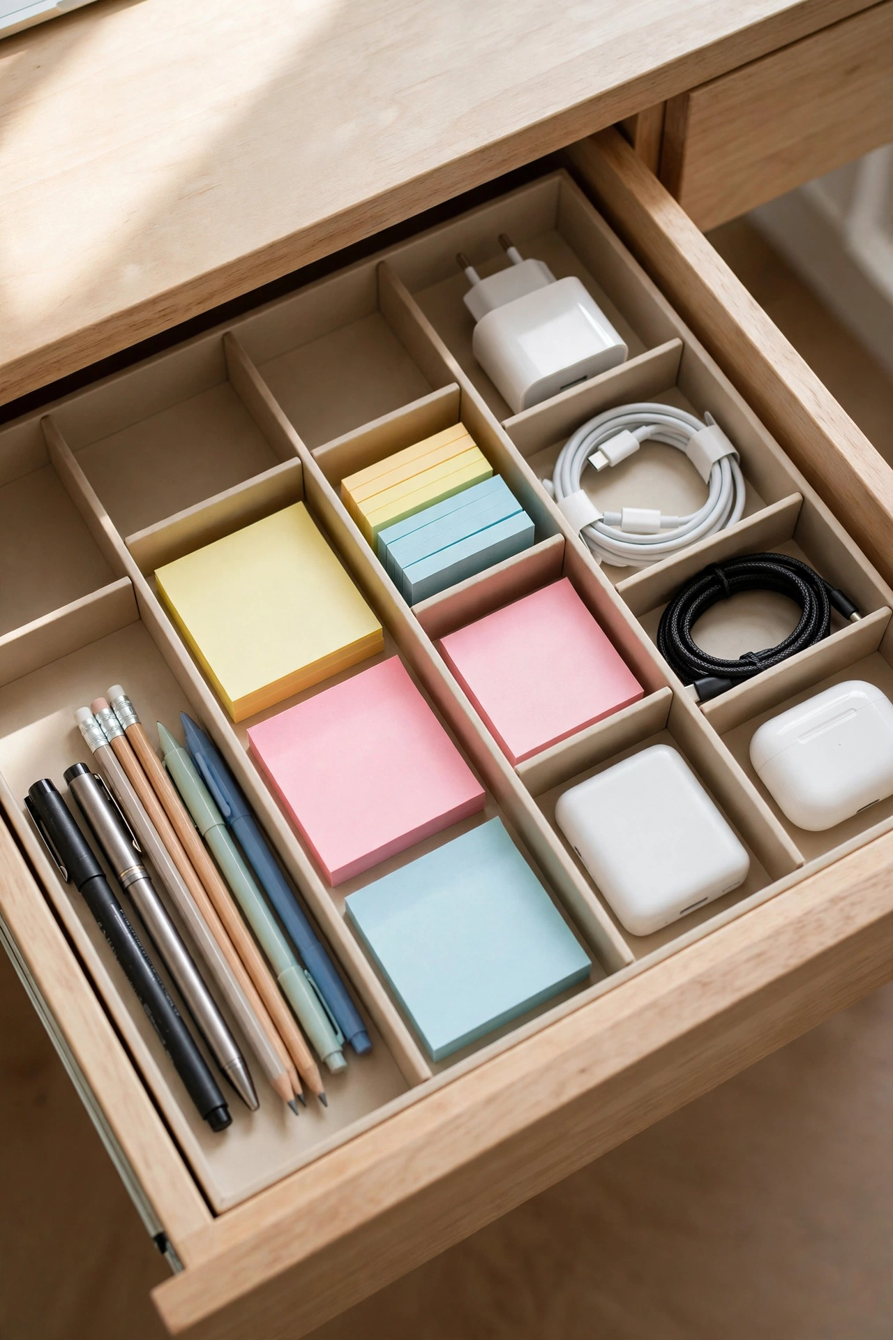 Open desk drawer with dividers creating neat compartments