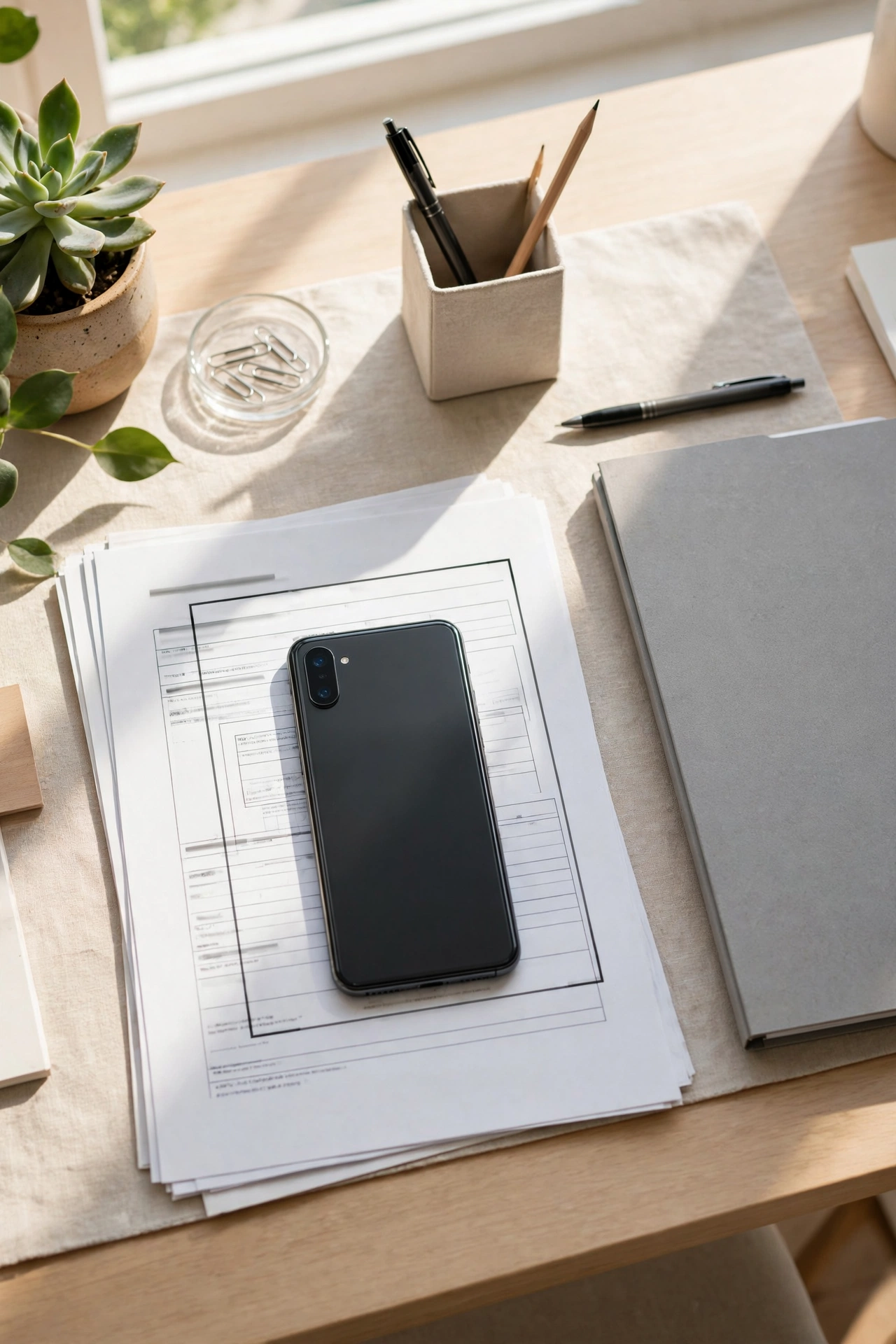Phone scanning documents on a tidy desk, paperless office