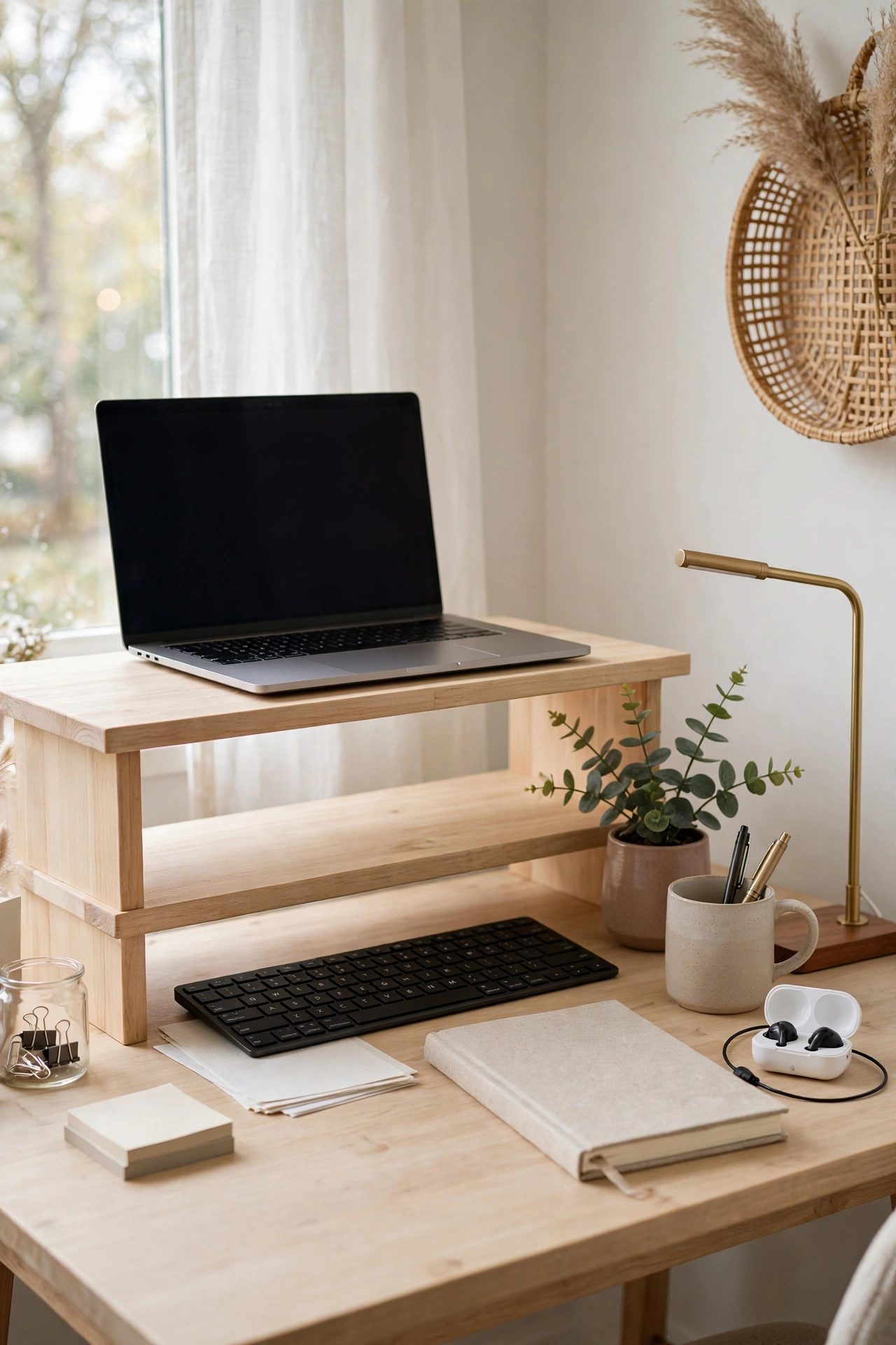 Small desk with a shelf riser creating two levels