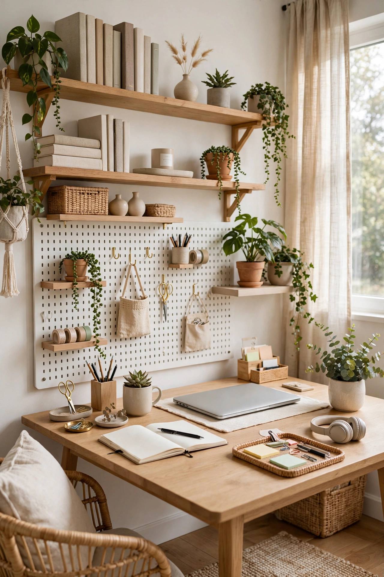 Beautifully organised bright home office with tidy desk, shelves and plants
