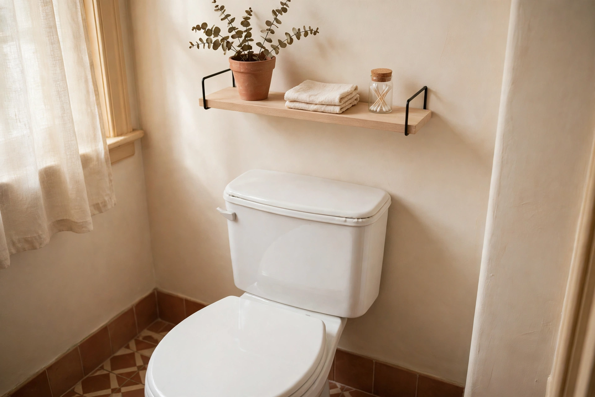Light uncluttered over-toilet shelf with tank access kept clear