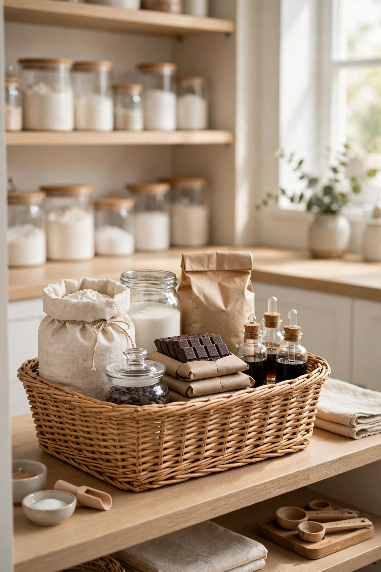 Baking zone basket in a pantry with flours, sugars and chocolate