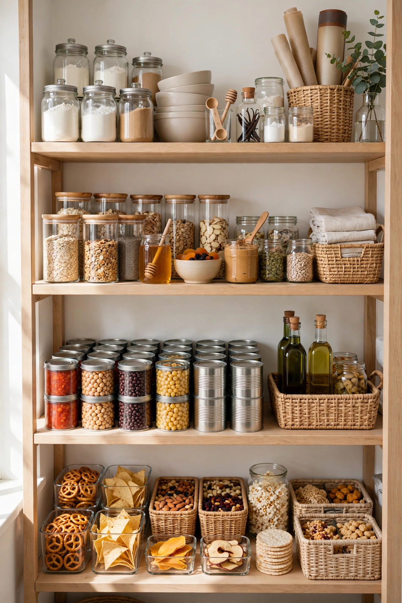 Pantry zoned by category with baking, breakfast and tinned goods grouped