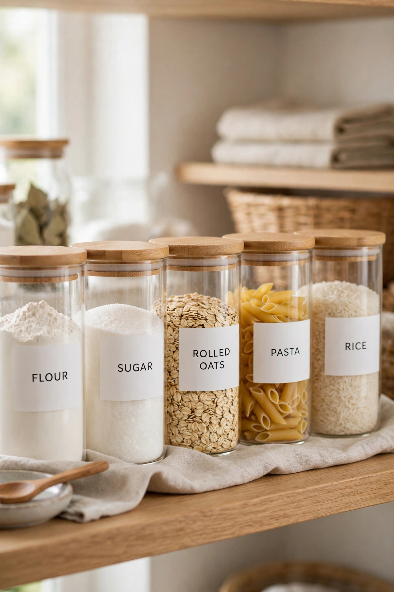 Close view of labelled pantry containers
